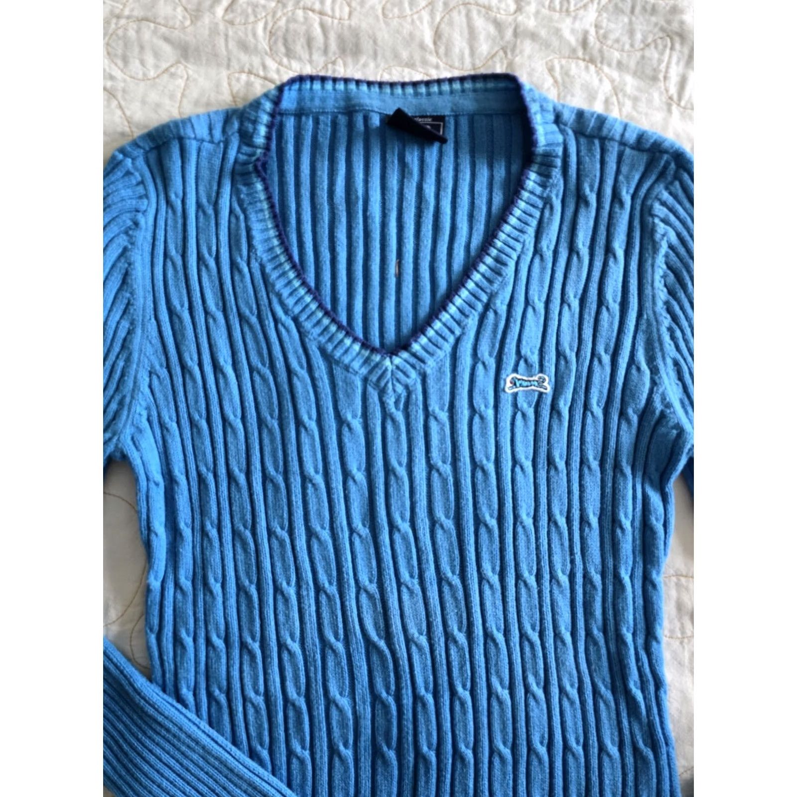 Vintage VINTAGE Le Tigre Blue Cable Knit V-neck Sweater Women's Large Tiger Patch Slim Stretch Size L / US 10 / IT 46 - 3 Thumbnail