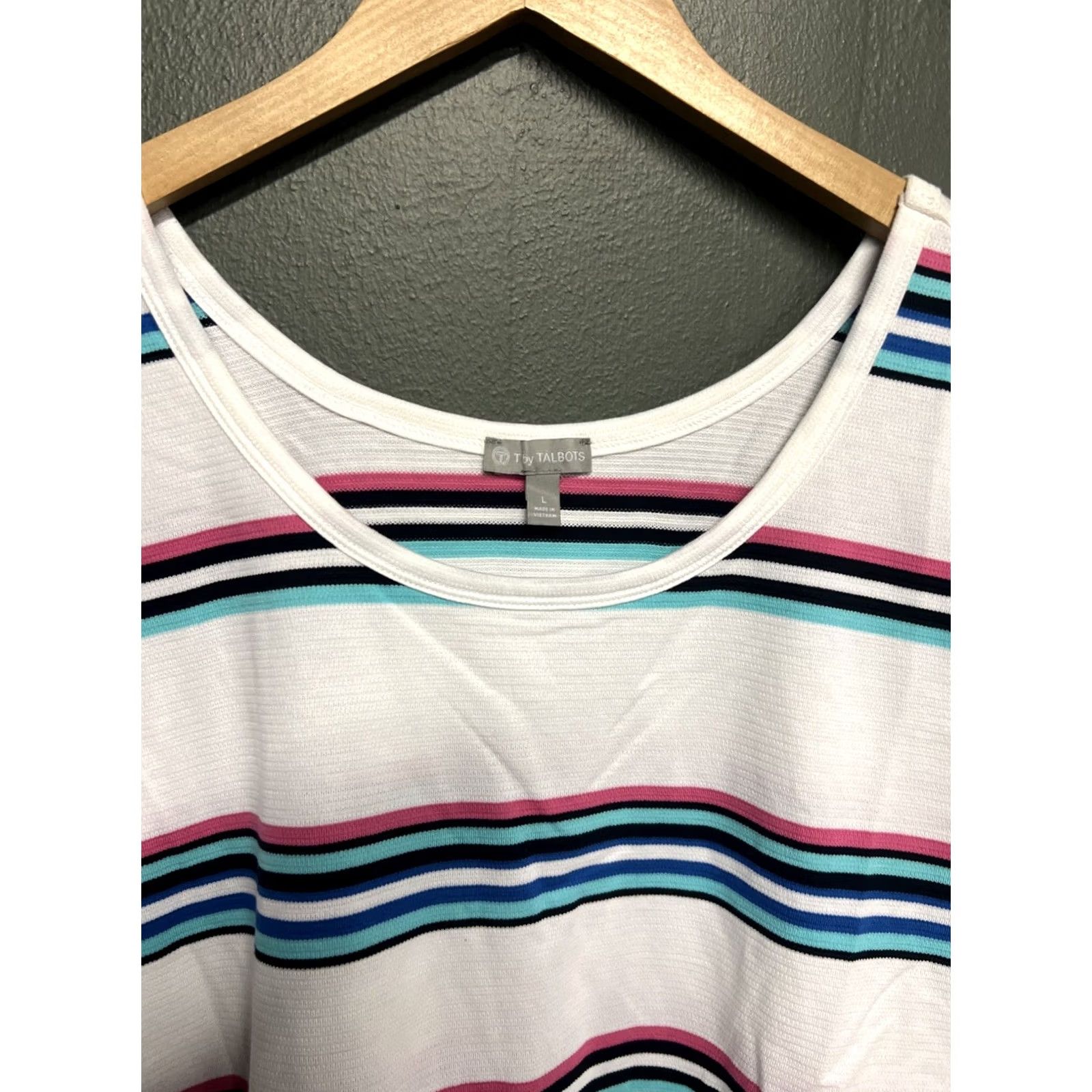 Talbots Talbots T-Shirt 3/4 Sleeve Top Size L Pink Blue White Striped Multicolor Knit Cotton Spandex Casual Womens Size L / US 10 / IT 46 - 2 Thumbnail
