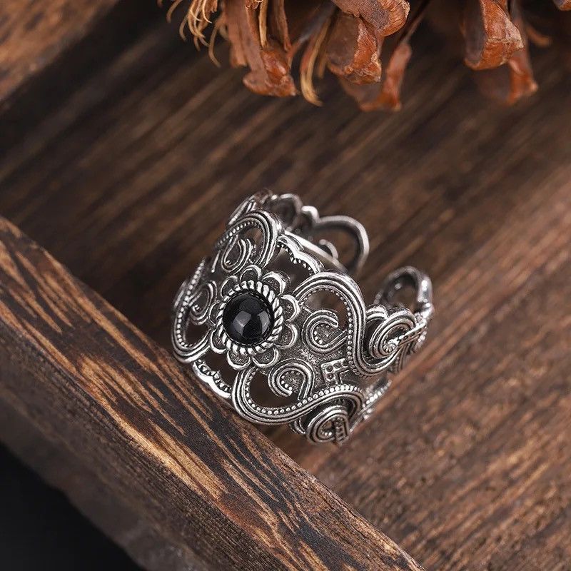 Jewelry × Vintage Vintage Black Zircon Hollow Flower Wide Cuff Finger Rings Size ONE SIZE - 3 Thumbnail