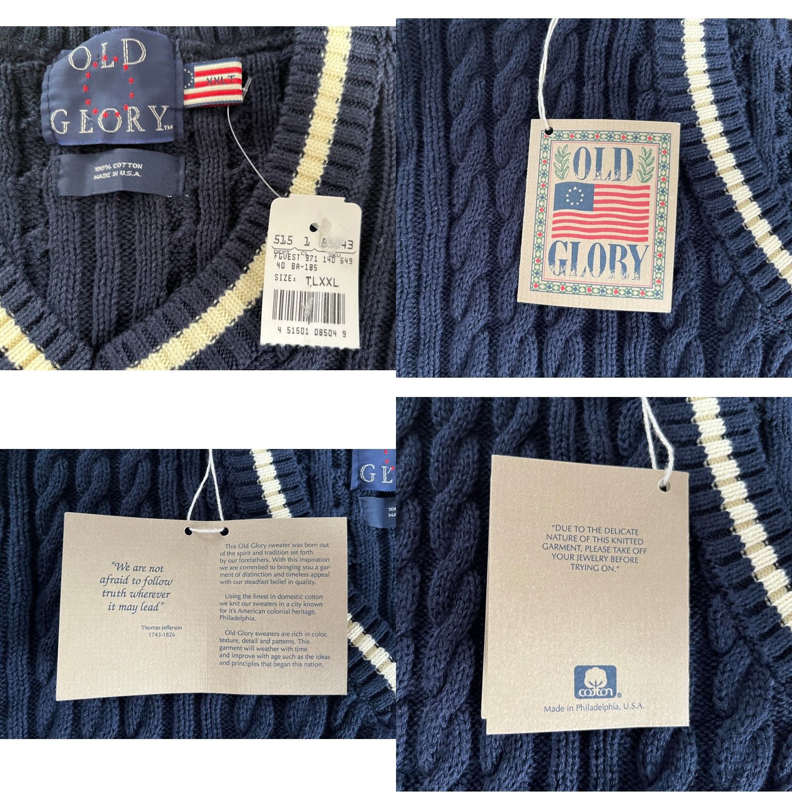 Vintage VINTAGE Old Glory Men's Sweater Vest 2XL Navy Cotton Cable-Knit V-Neck Tall 90s Retro Size US XXL / EU 58 / 5 - 8 Thumbnail