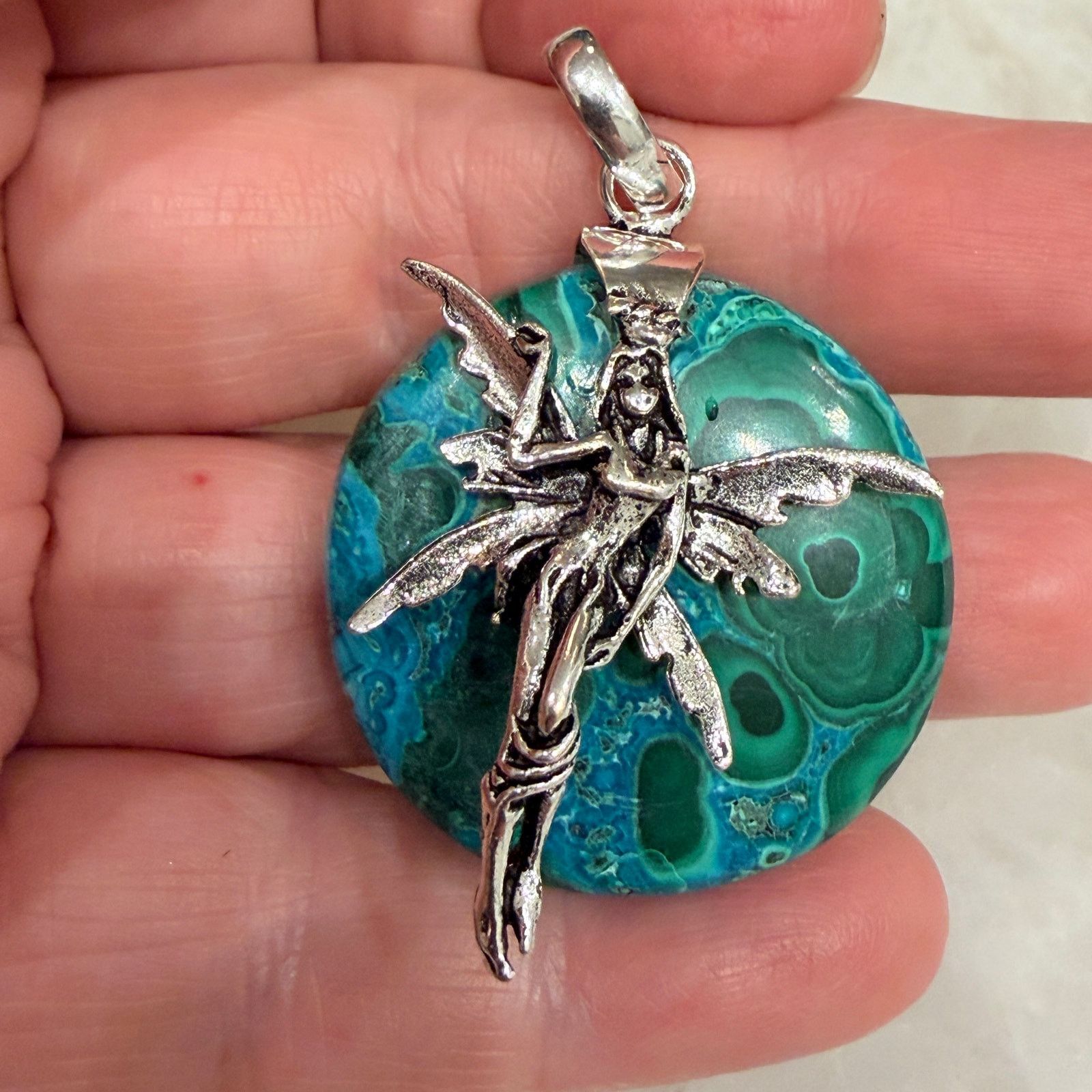 The Unbranded Brand Fairy Chrysocolla Malachite Pendant 925 Silver Overlay Size ONE SIZE - 3 Thumbnail