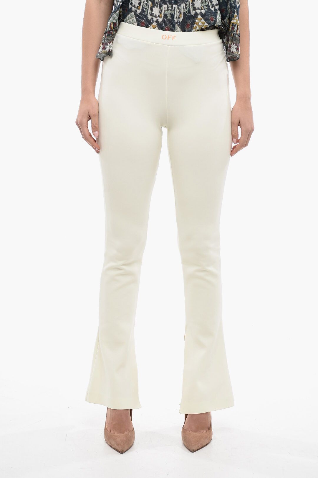 image of Off White Og1Mm0524 Logo Print Split Flare Fit Leggings In White, Women's (Size 26)