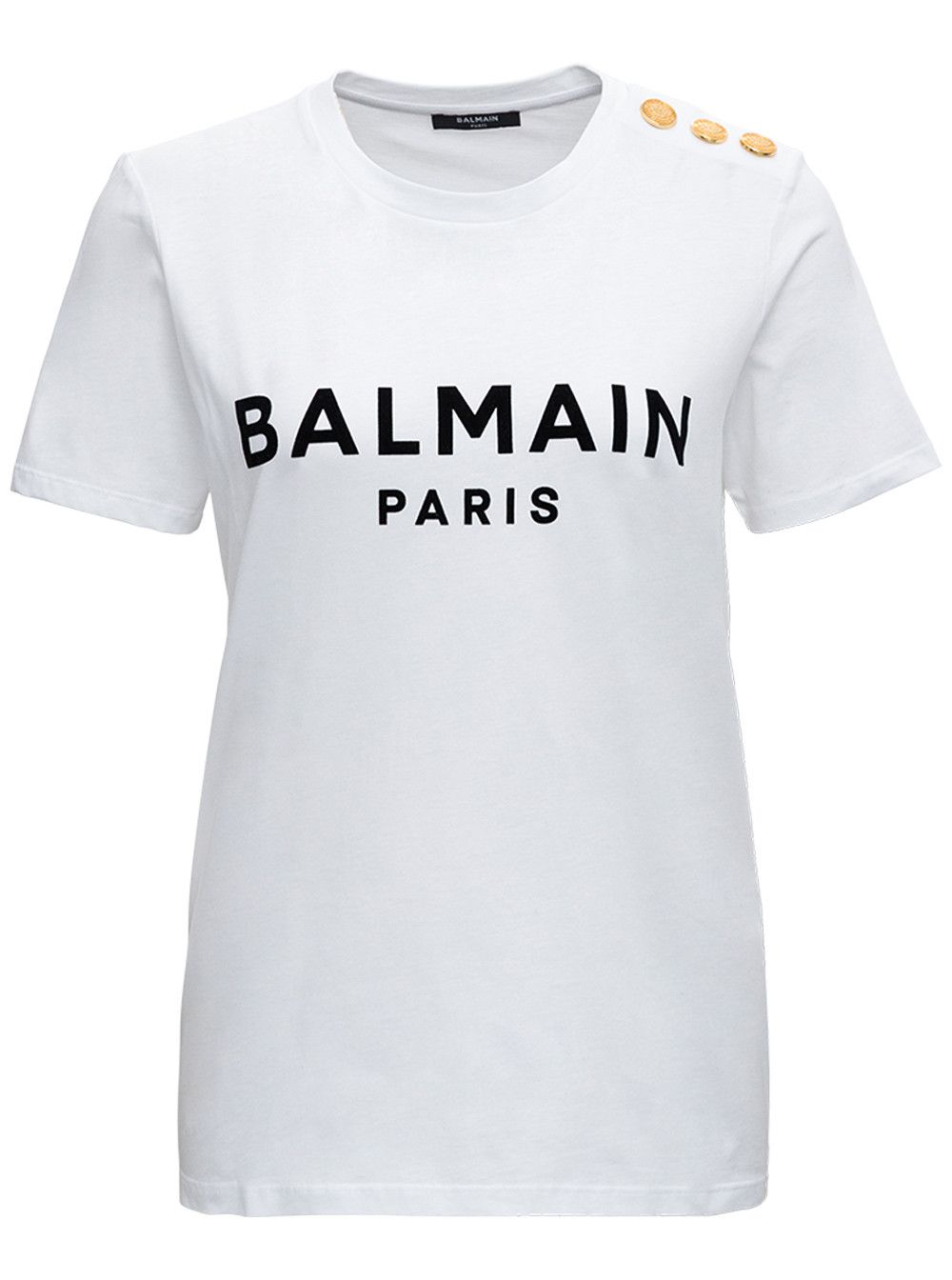 Balmain White Crewneck T-Shirt with Logo Print and Golden Buttons in Jersey Woman Size XS / US 0-2 / IT 36-38 - 1 Thumbnail