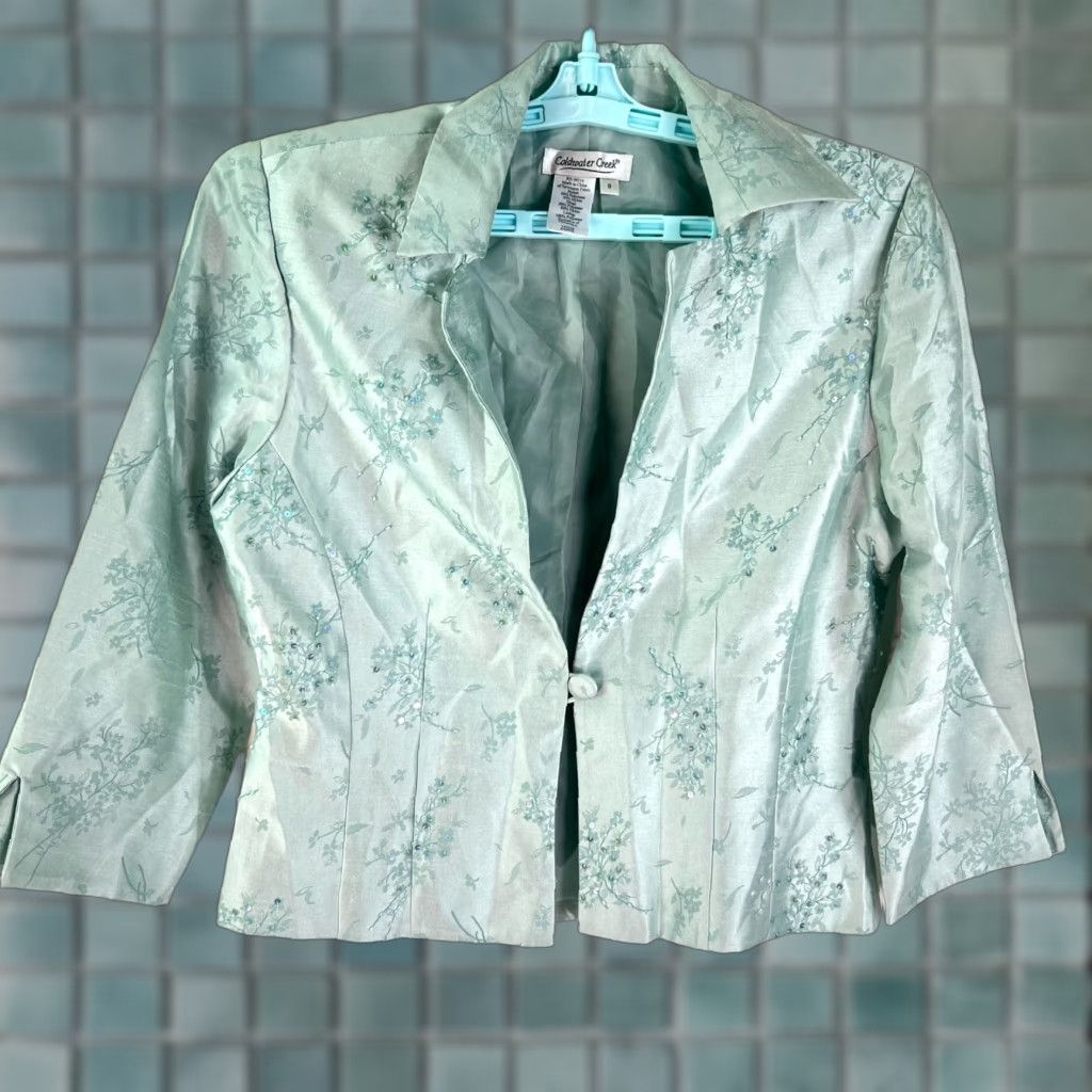 Coldwater Creek Coldwater Creek Shacket Jacket Blazer Green 8 Sequin Pads Mint Sherbet Muted Green Satin 3/4 Sleeve Mid-Length Womens Vintage No Size M / US 6-8 / IT 42-44 - 1 Thumbnail