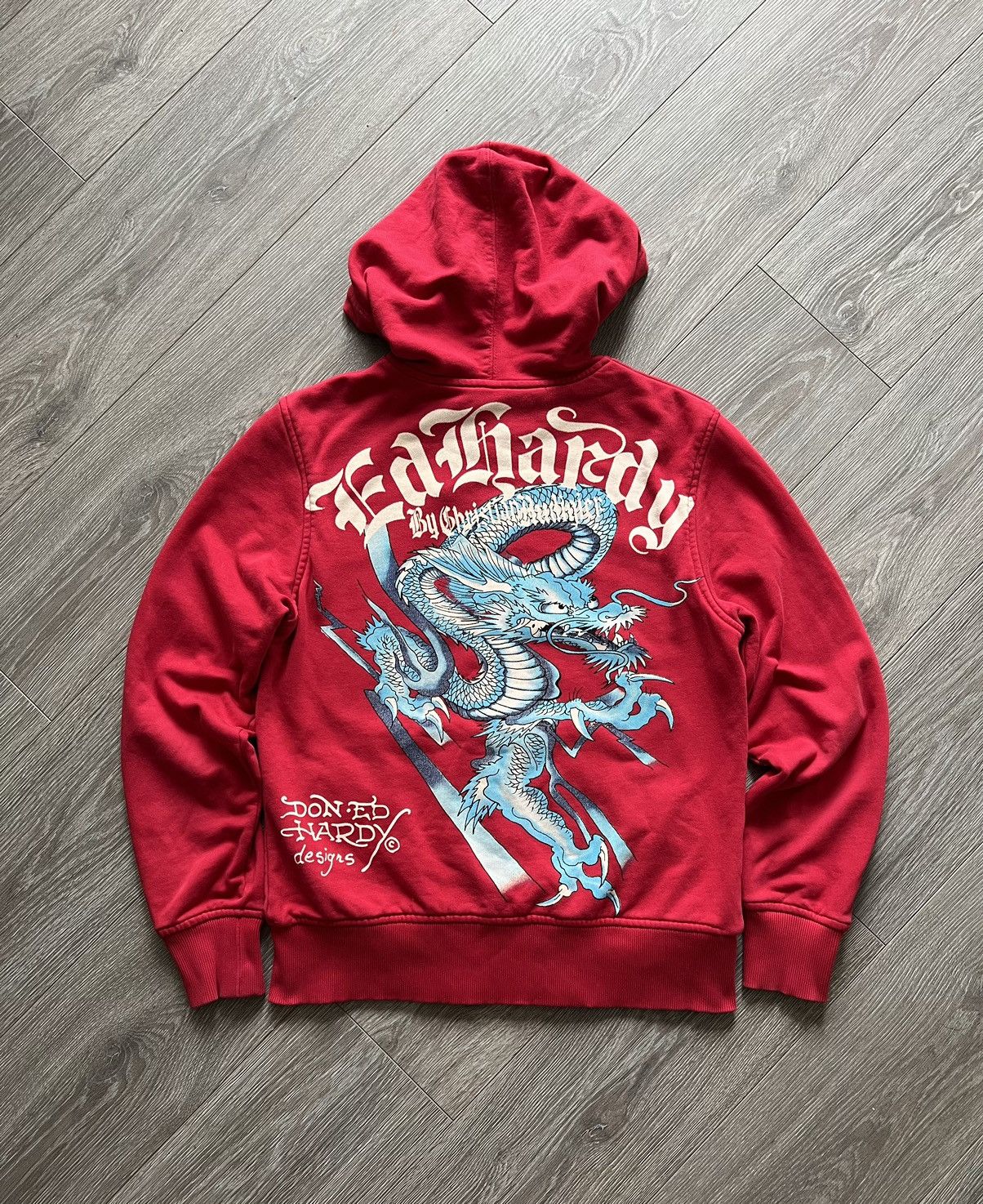 image of Vintage Ed Hardy Zip Hoodie By Christian Audigier Dragon in Red, Men's (Size Small)