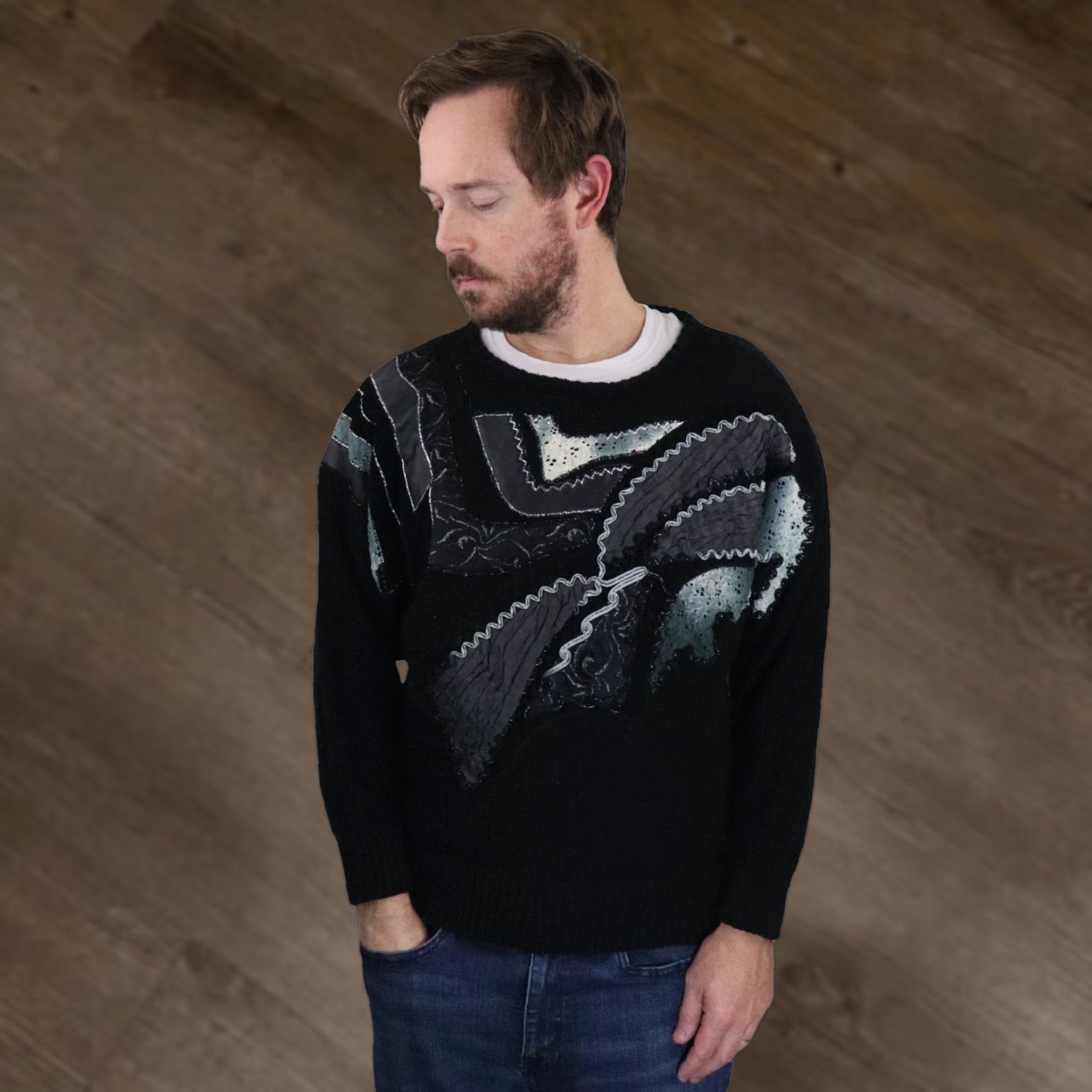Vintage VINTAGE Carducci Sweater Mens M Black Chunky-Knit Crew Neck 3d Embellished Ribbon Lace 80s 90s Dad Core Pullover Modern Retro Style/Coogi-inspired Size US M / EU 48-50 / 2 - 1 Thumbnail