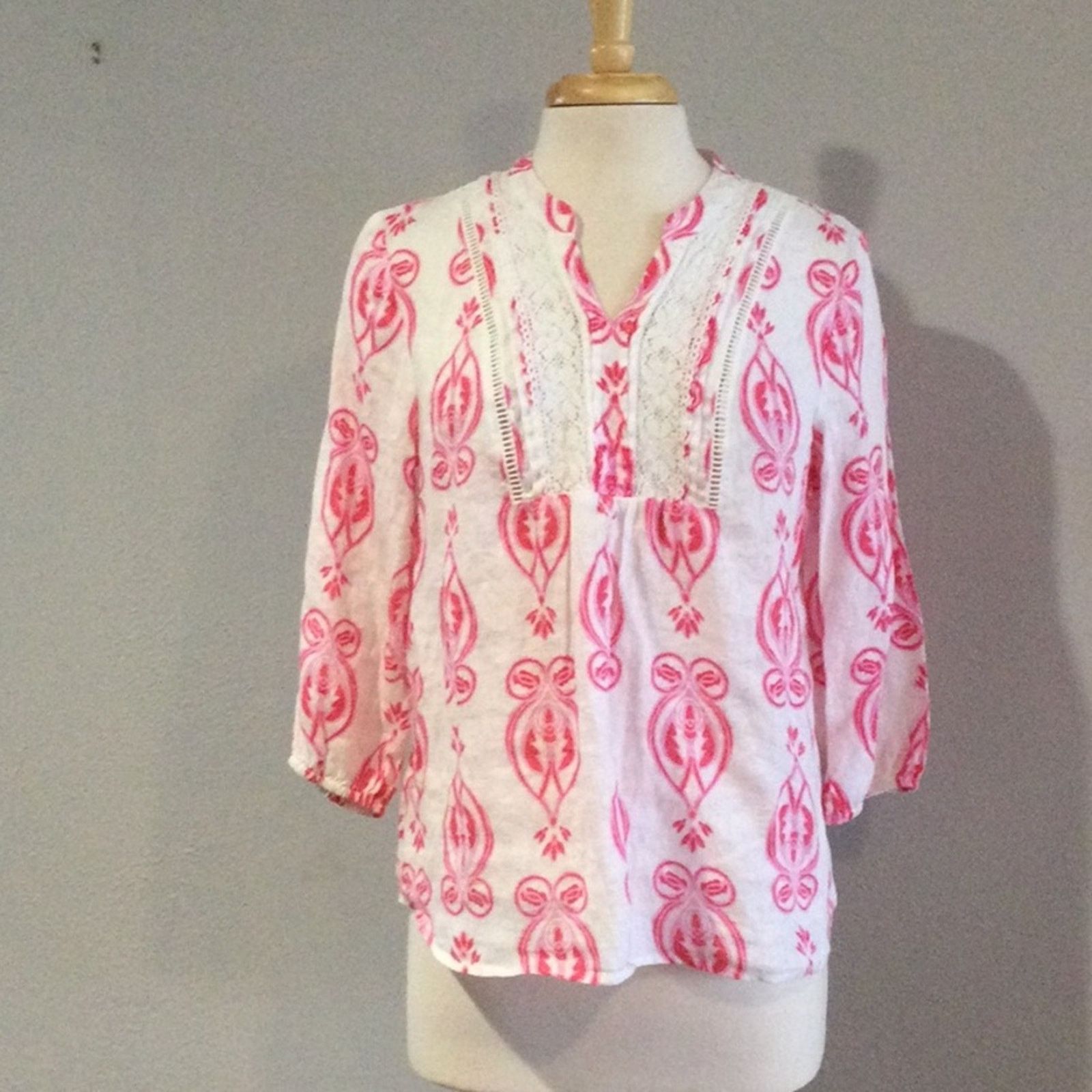 Other Crown & Ivy Petite White & Pink Semi Sheer Pullover Top PM Size M / US 6-8 / IT 42-44 - 1 Thumbnail