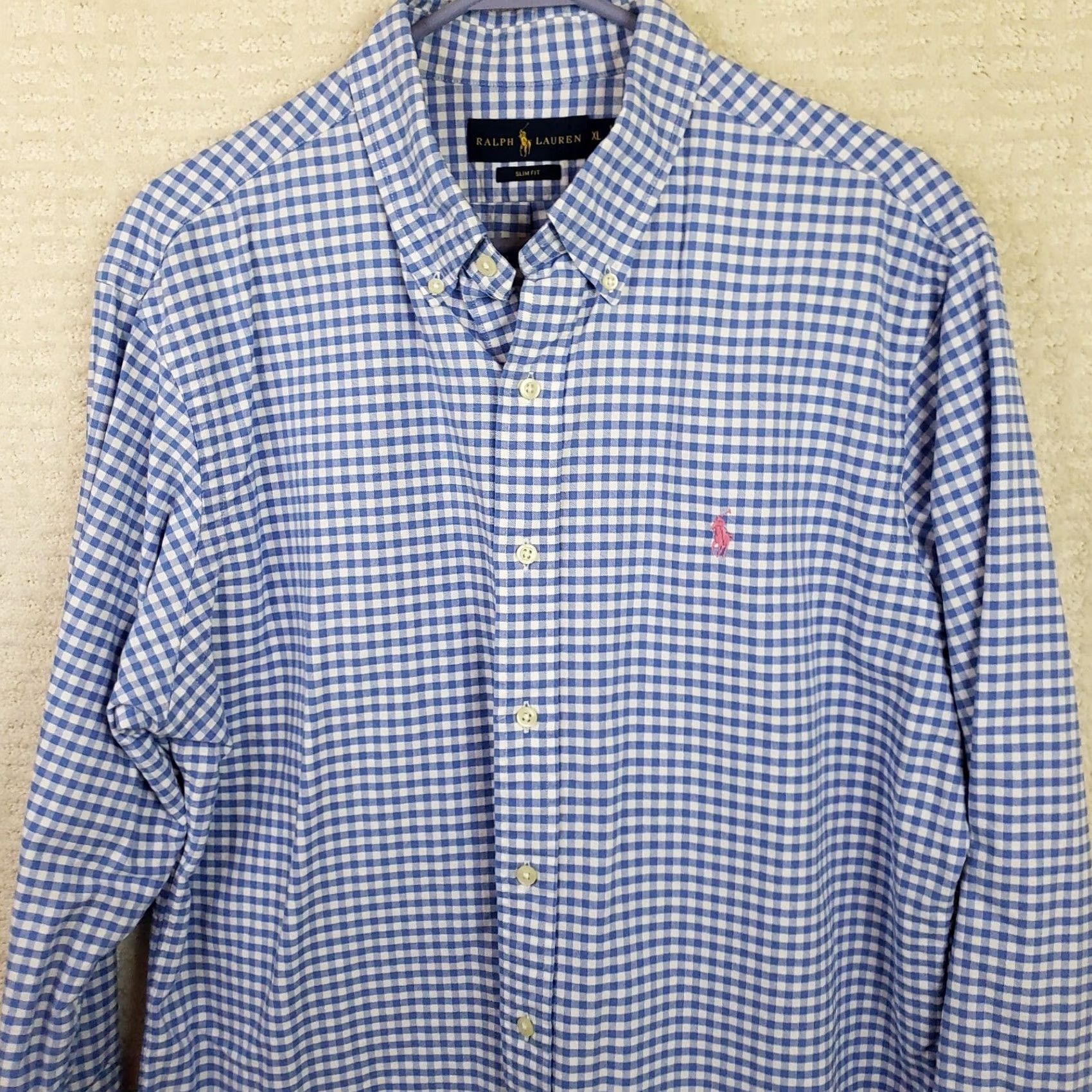 Ralph Lauren Ralph Lauren Mens XL Blue White Check Long Sleeve Slim Stretch Oxford Shirt Size US XL / EU 56 / 4 - 2 Thumbnail