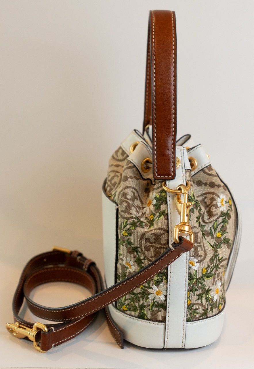 Tory Burch T Monogram Embroidered Jacquard & Leather Bucket Bag Size ONE SIZE - 4 Thumbnail