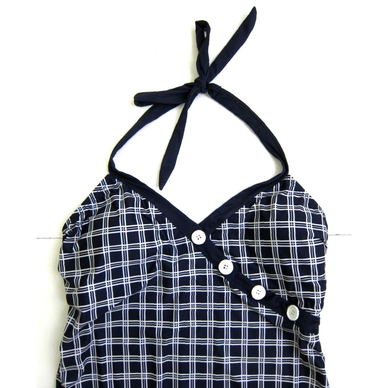 Vintage ModCloth Blue White Plaid Button Halter V-Neck One Piece Swimsuit Women 16-18 Size ONE SIZE - 3 Thumbnail