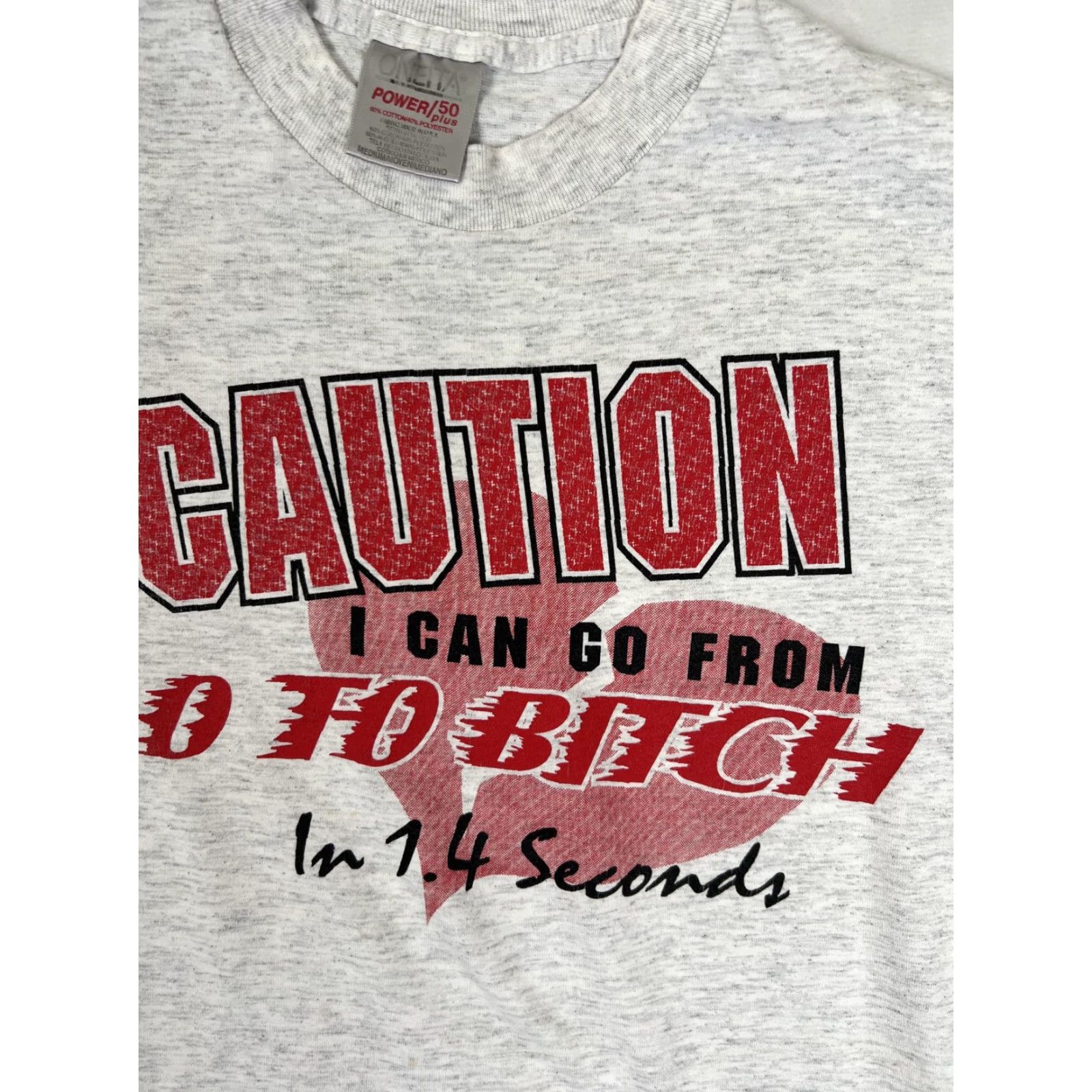 Vintage VINTAGE Oneita T-Shirt Mens Medium Gray Caution 0 To Bitch Graphic 90s Funny Crew Neck Short Sleeve Size US M / EU 48-50 / 2 - 2 Thumbnail
