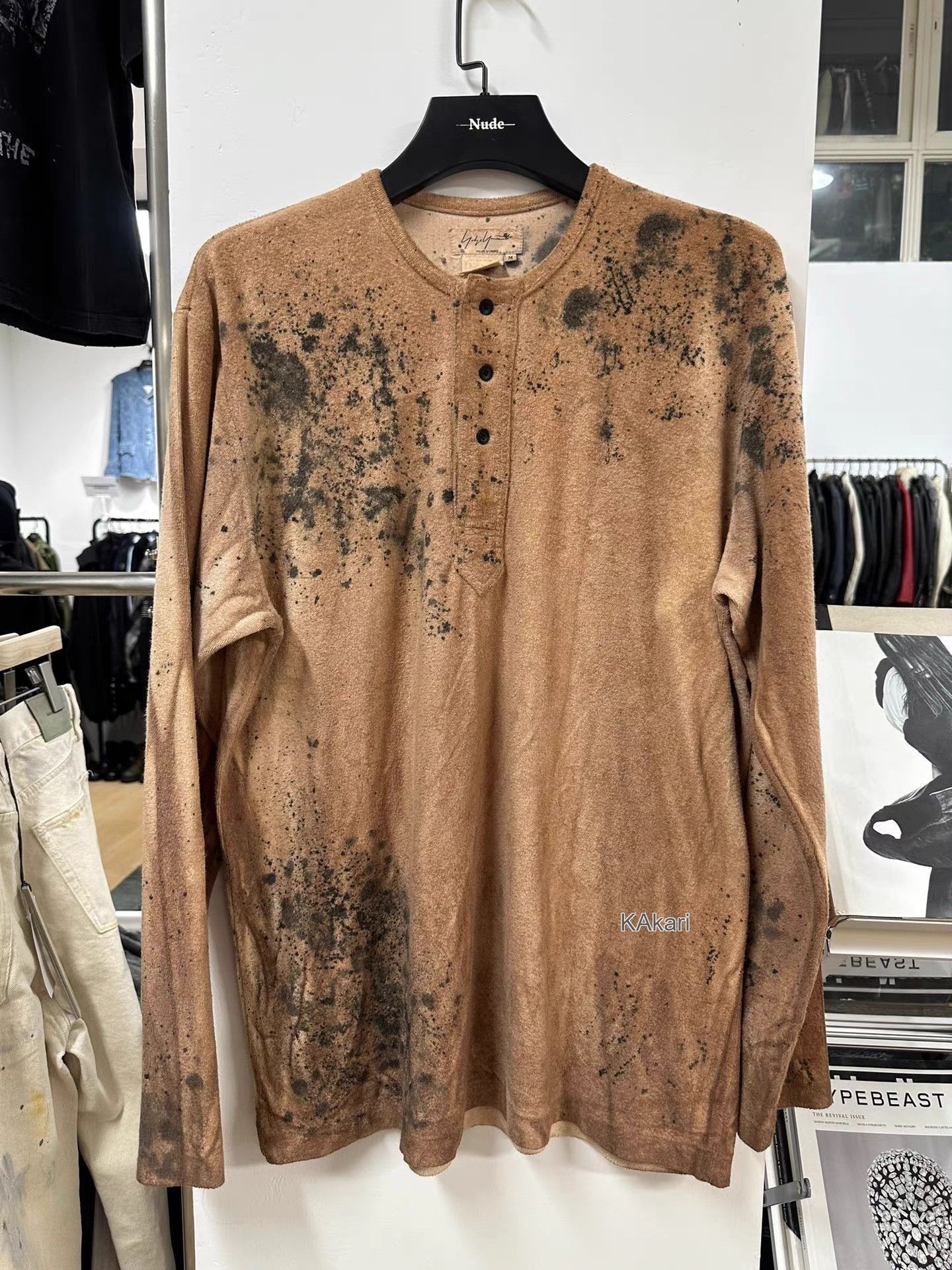 Yohji Yamamoto Orange Long Sleeve Henley Shirt with Paint Splatter Size US M / EU 48-50 / 2 - 1 Thumbnail