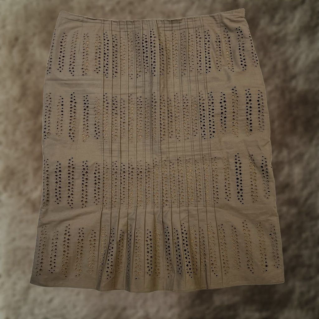 Akris VINTAGE Akris Skirt Brown Silk Lined Knee Length High Rise Pencil & Straight Eyelet Pin Tuck Pleat US 10 Womens Size 32" / US 10 / IT 46 - 1 Thumbnail
