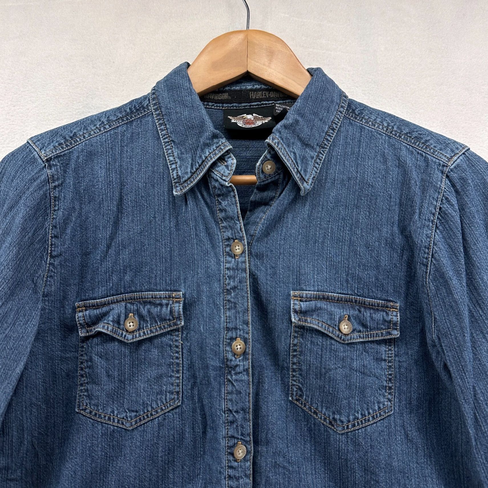 Harley Davidson VINTAGE Harley-Davidson Button-Up Shirt Blue Women’s M Denim V-Twin Power Patch Size L / US 10 / IT 46 - 3 Thumbnail