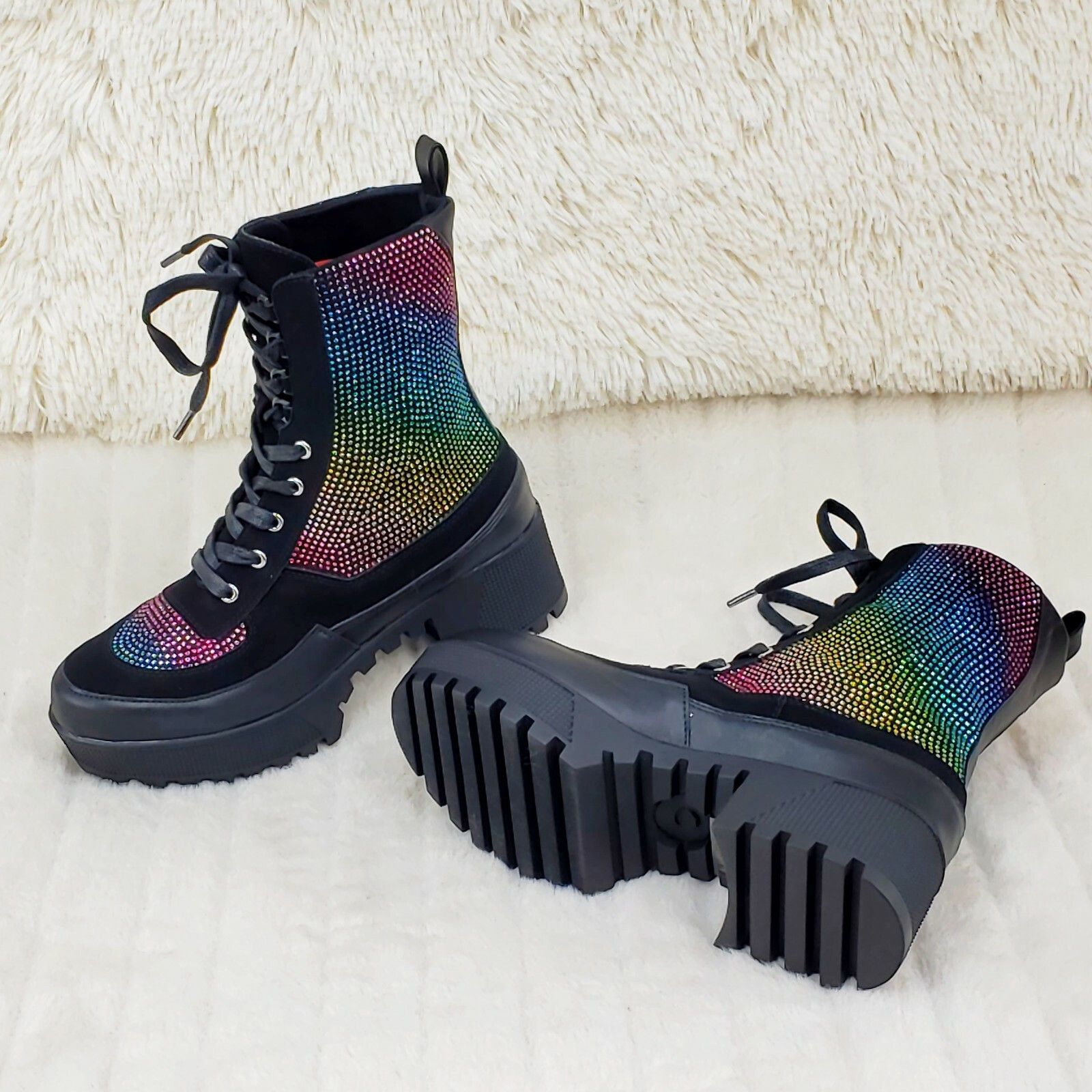 Other Diva Shine Rainbow Rhinestone Lace Up Platform Combat Ankle Size US 7 / IT 37 - 4 Thumbnail