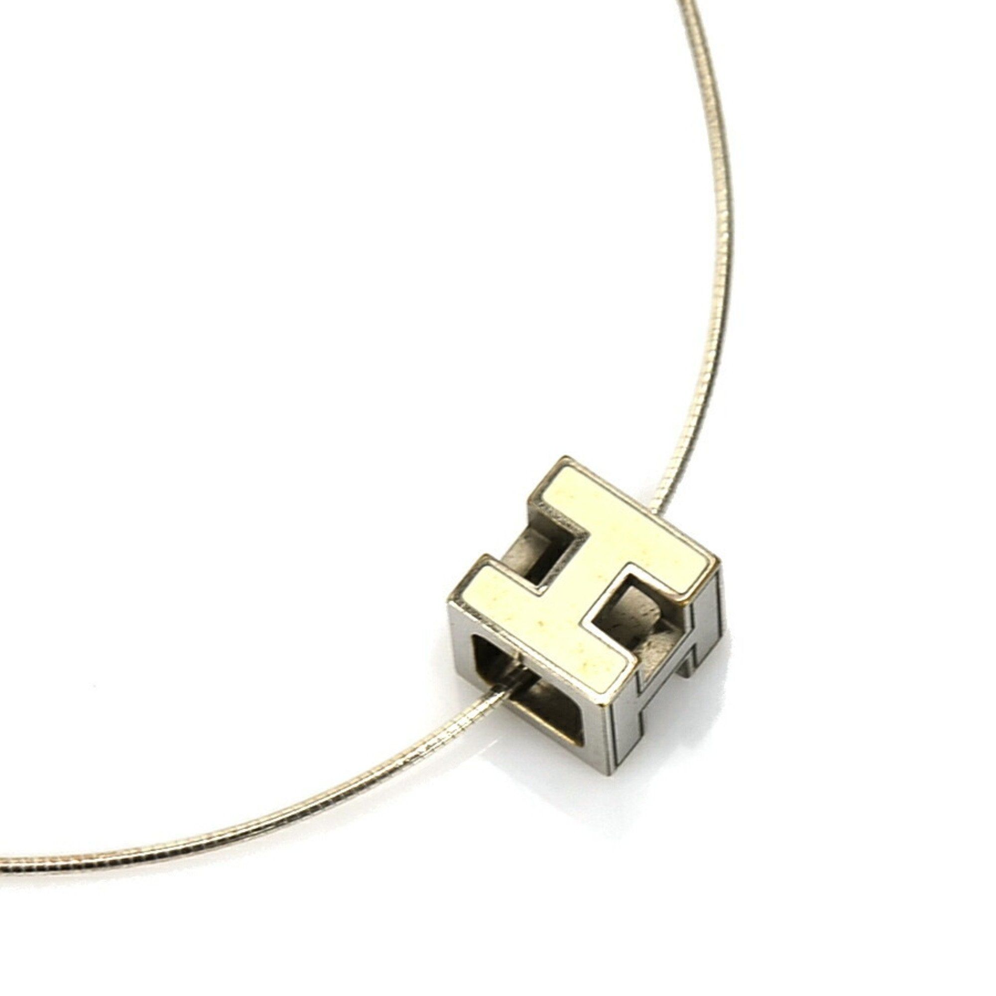 image of Hermes Necklace H Cube Caged Ash Metal/enamel Silver/off-White Ladies in Black, Women's
