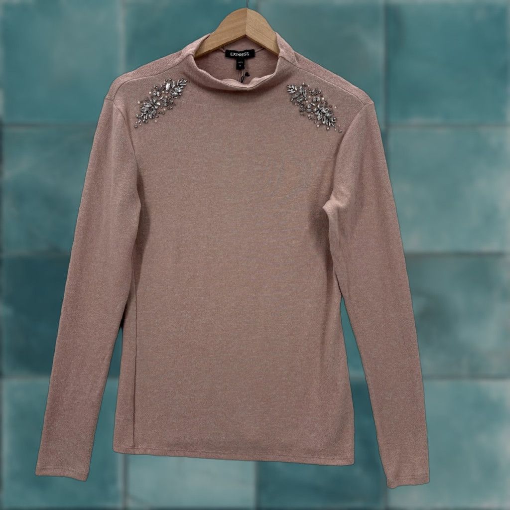 Express Express Pink Beaded Mock Neck Long Sleeve Sweater Womens Medium Knit Pullover, Lightweight, Jewel, Rhinestone Accents, Fall Casual Size M / US 6-8 / IT 42-44 - 1 Thumbnail