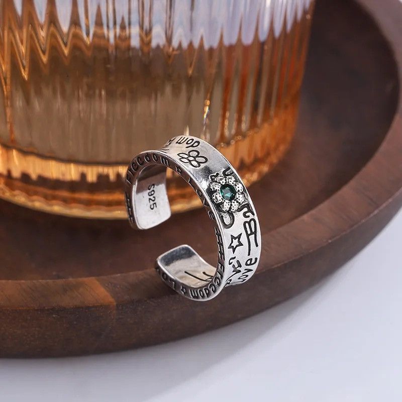 Jewelry × Vintage 925 Sterling Silver Flower Green Crystal Woman Rings Size ONE SIZE - 3 Thumbnail