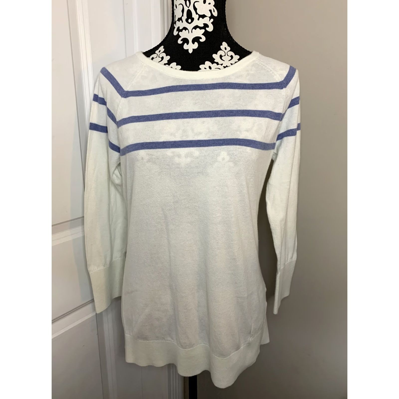 Nautica Nautica Women’s Knit Long Sleeve Sweater Top M Ivory/Blue, 100% Cotton, Striped, Round Neck, Pullover, Pre Owned, Regular Size, Womens Size M / US 6-8 / IT 42-44 - 2 Thumbnail