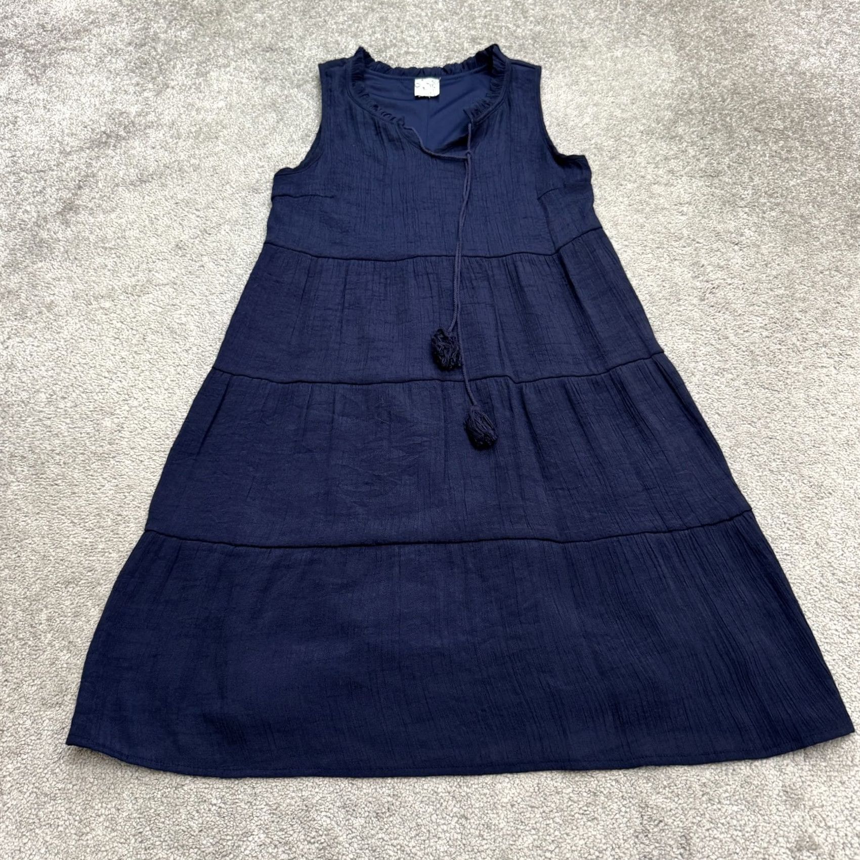 Vintage Naif Tiered Tasseled Midi Shift Dress Womens Medium Navy Blue Sleeveless Boho Size M / US 6-8 / IT 42-44 - 2 Thumbnail