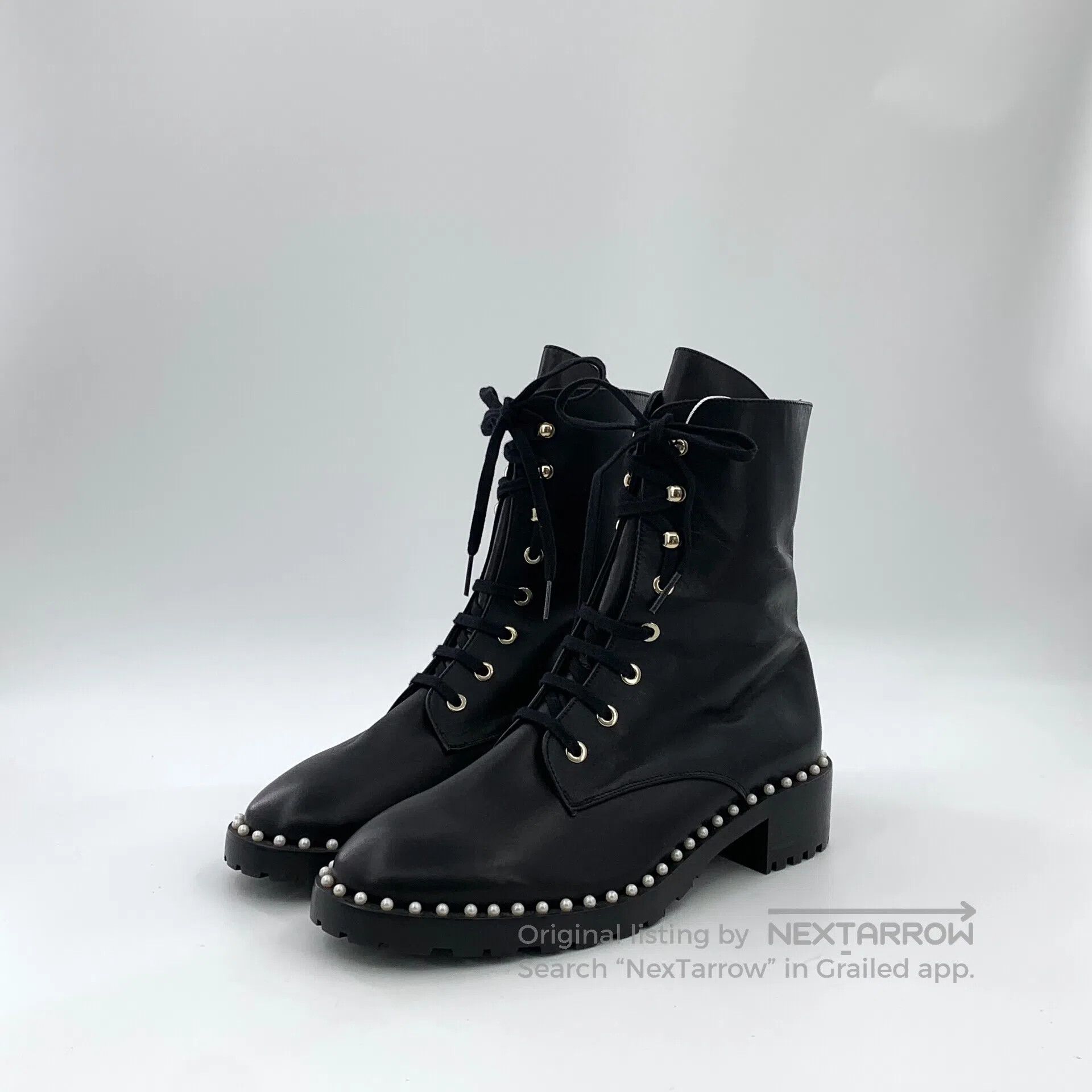 Swarovski SW Black Pearl Trimmed Laced Casual Flat Ankle Boots| Size US 5 / EU 37 - 1 Thumbnail