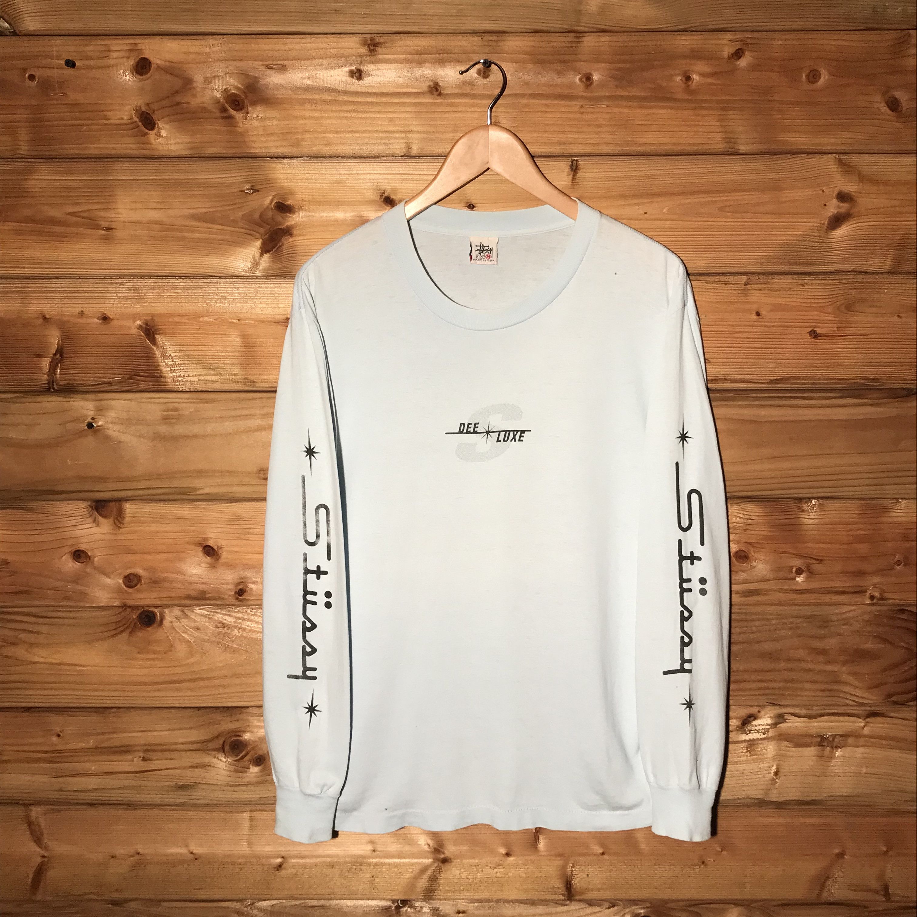 image of Made In USA x Stussy 90's Stussy Dee Luxe Centre Spellout Long Sleeve T Shirt in Blue (Size Medium)