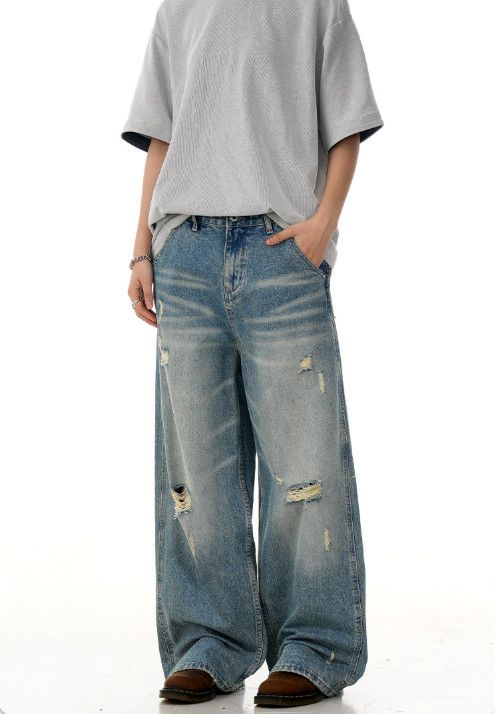 Vintage American retro washed men's casual straight ripped jeans Size US 32 / EU 48 - 2 Thumbnail