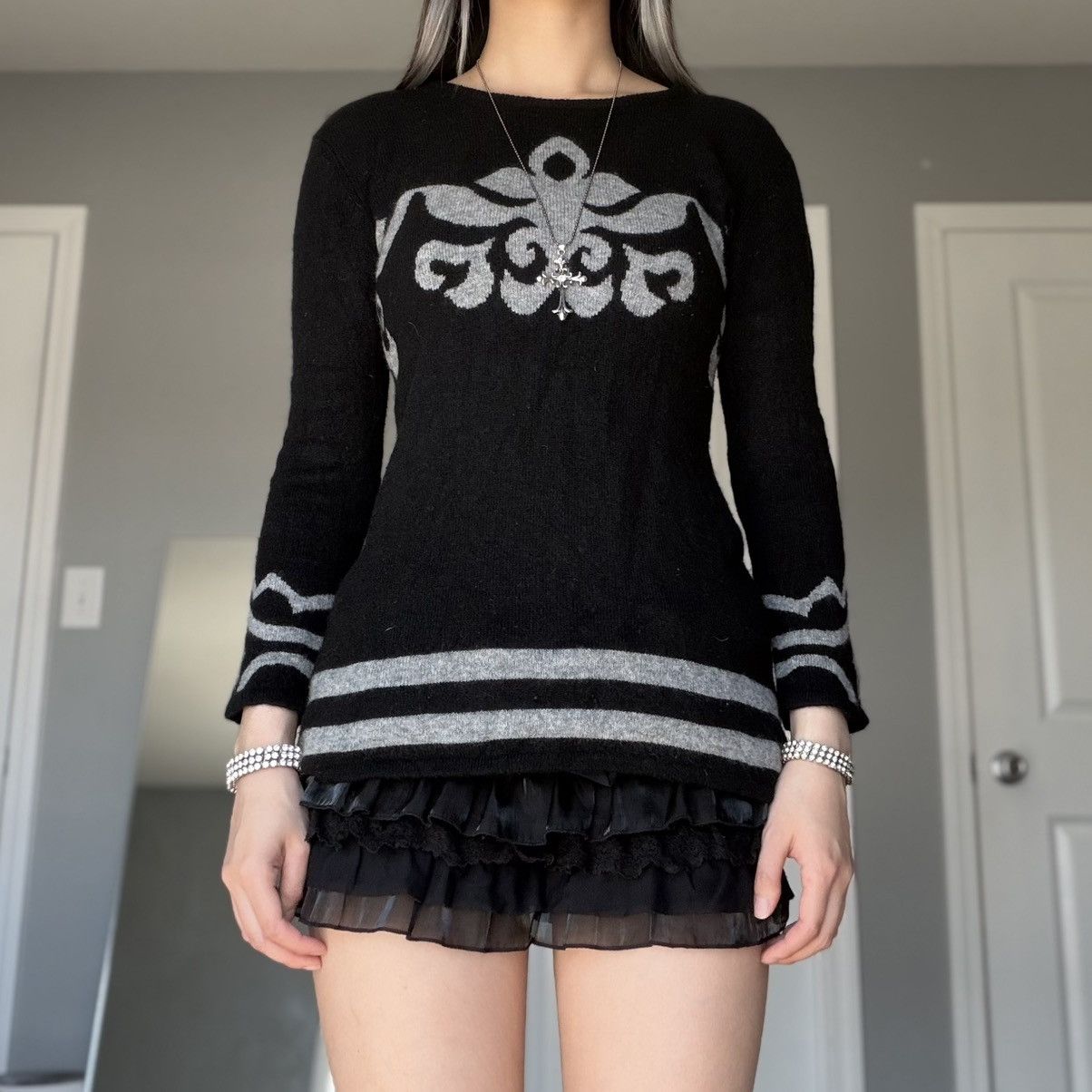Other Black 100% Cashmere Baroque Damask Pattern Crewneck Sweater Size XS / US 0-2 / IT 36-38 - 14 Thumbnail