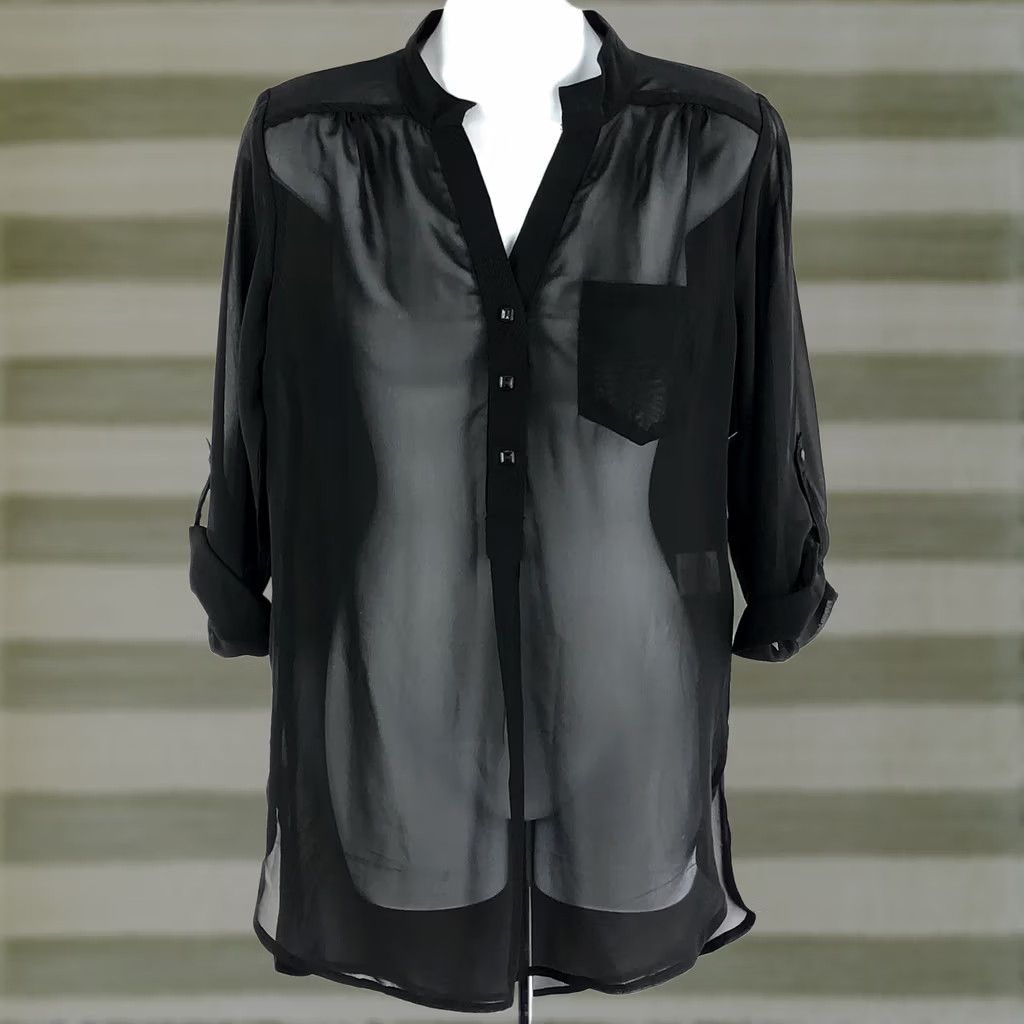 Vintage VINTAGE Flowy Chiffon Top Blk 1/2 Button 3/4 Roll Tab sleeve Hi Lo Fairy Shirt Womens M Black Chiffon Button HiLo Fairy 90s Modern Size M / US 6-8 / IT 42-44 - 1 Thumbnail