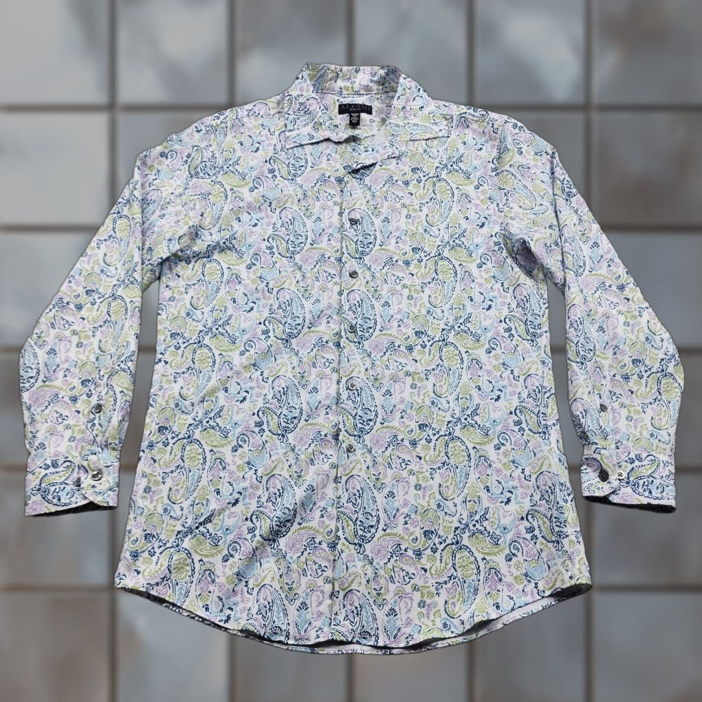 Alfani Alfani Shirt Mens 15-15.5 32-33 White Paisley Slim Fit Stretch Button-Down Shirt Size US L / EU 52-54 / 3 - 1 Thumbnail
