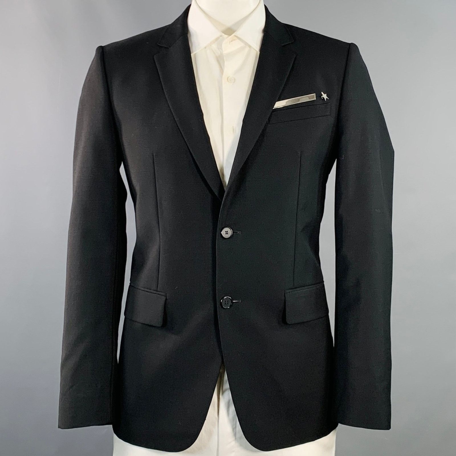 Size 44 Black Wool Mohair Star Stripe Notch Lapel Sport Coat