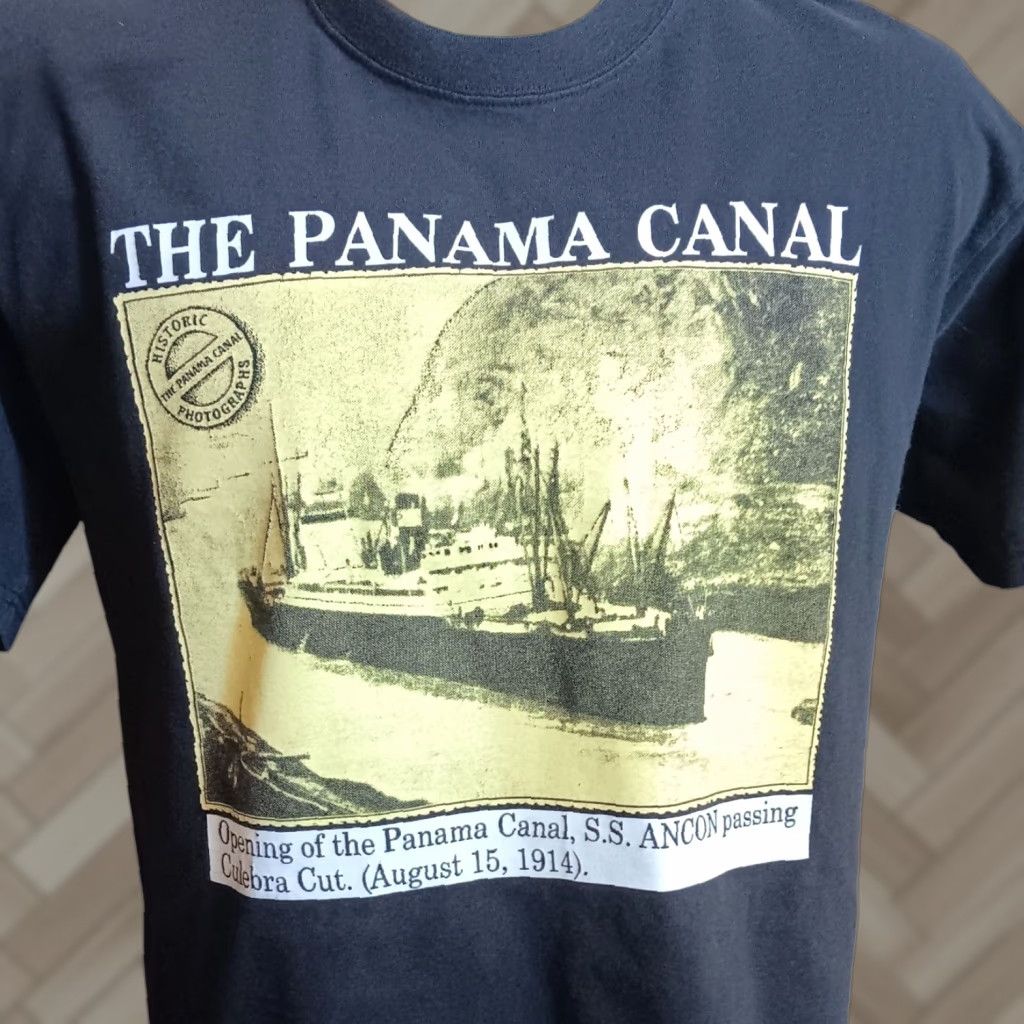 VINTAGE Panama Men's T-Shirt 1990s Graphic Print Panama Canal S.S. Ancon Crew Neck Short Sleeve Cotton Large Black Retro