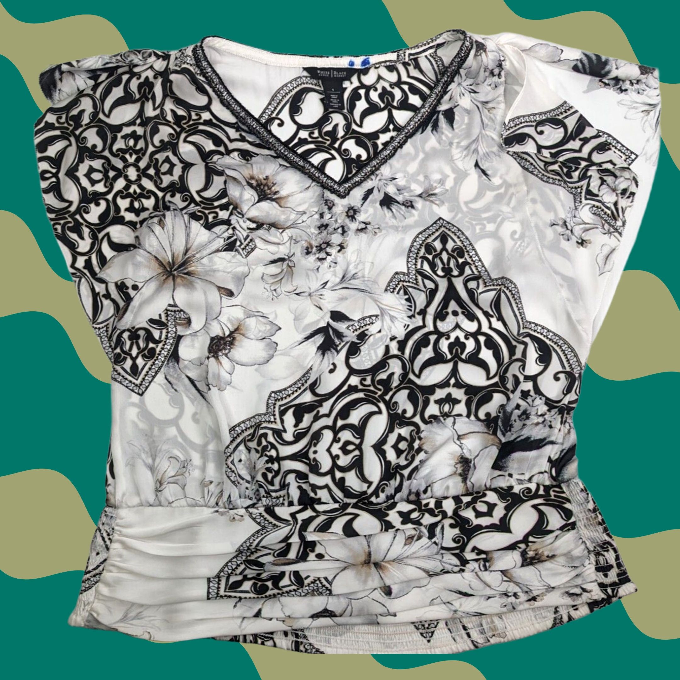 White House Black Market White House Black Market Blouse Floral Short Sleeve Satin Off-the-Shoulder Small Black Womens Blouse Size S / US 4 / IT 40 - 1 Thumbnail