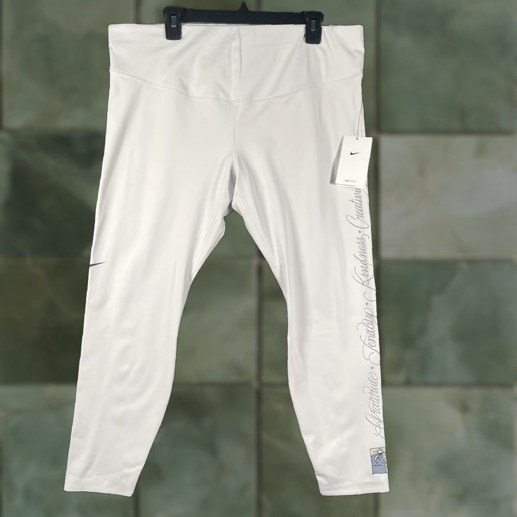 Nike VINTAGE Nike Leggings Womens 2X White One Luxe Dri-FIT Mid Rise Leggings Serena Script Size 40" / US 18 - 1 Thumbnail