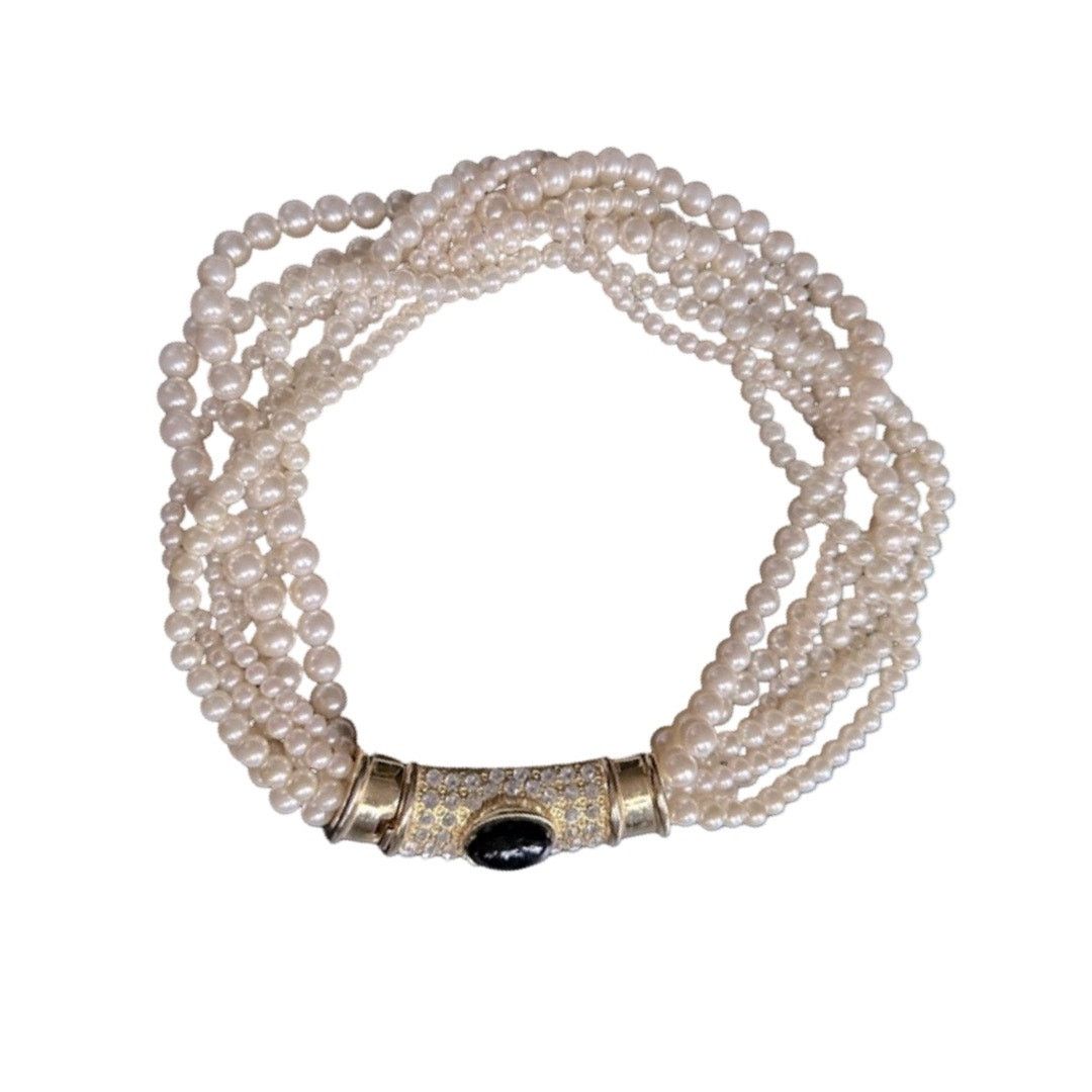Vintage 90’s Multi Strand Art Deco Faux Pearl & CZ Choker