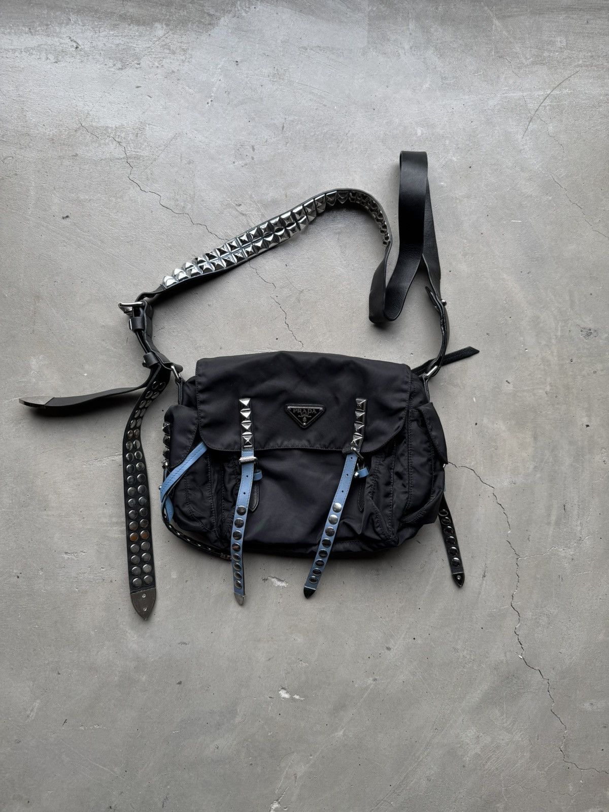 Prada Prada Black/Blue Nylon and Leather New Vela Studded Size ONE SIZE - 2 Thumbnail