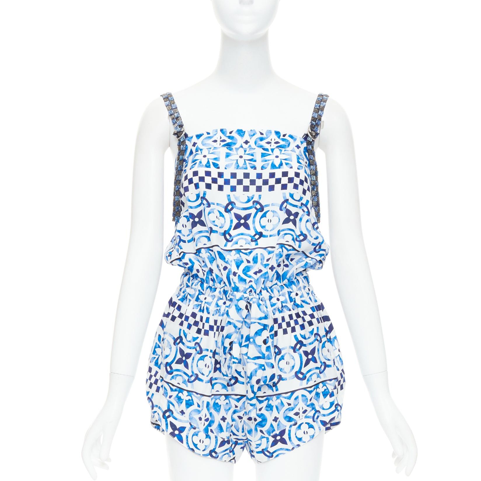 Louis Vuitton LOUIS VUITTON Monogram Tile 100% silk white blue majolica beaded strap playsuit FR34 XS Size 26" / US 2 / IT 38 - 1 Thumbnail