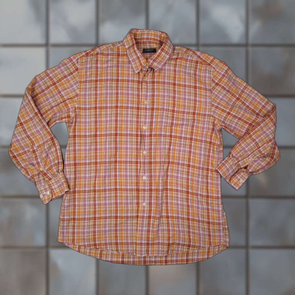 Canali CANALI Shirt Men XL Orange Plaid Button-Up Long Sleeve Casual Designer Italian Size US XL / EU 56 / 4 - 1 Thumbnail
