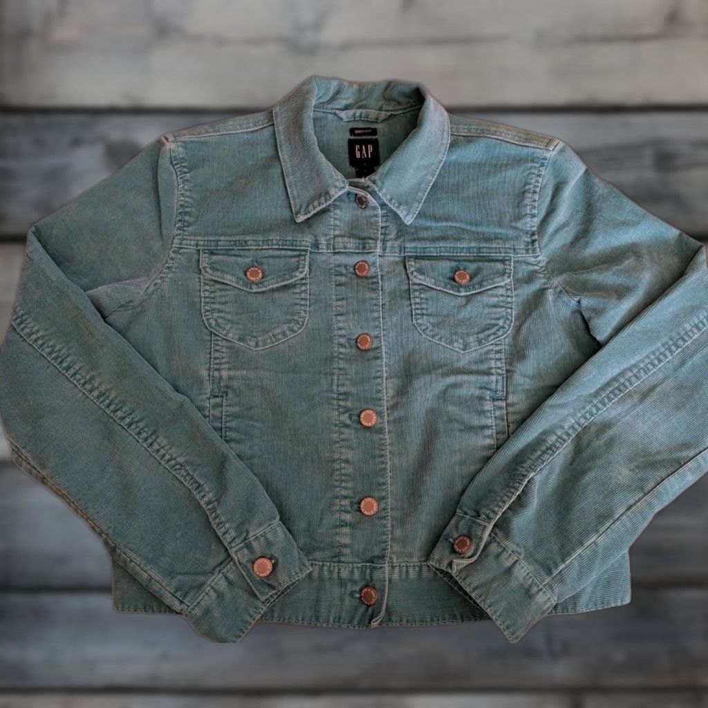 VINTAGE Gap Y2K Teal Corduroy Trucker Jacket Women's Large Stretch 90s Biker