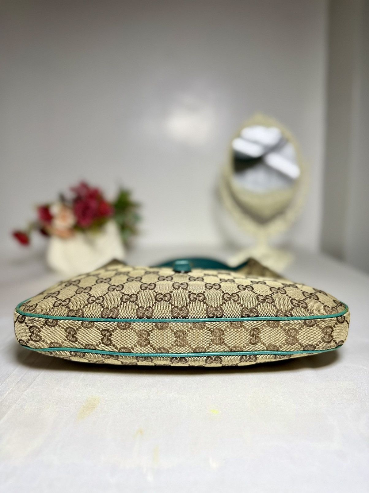 Gucci Authentic GUCCI Jackie 1961 Beige Canvas x Teal Hobo Bag Size ONE SIZE - 10 Thumbnail