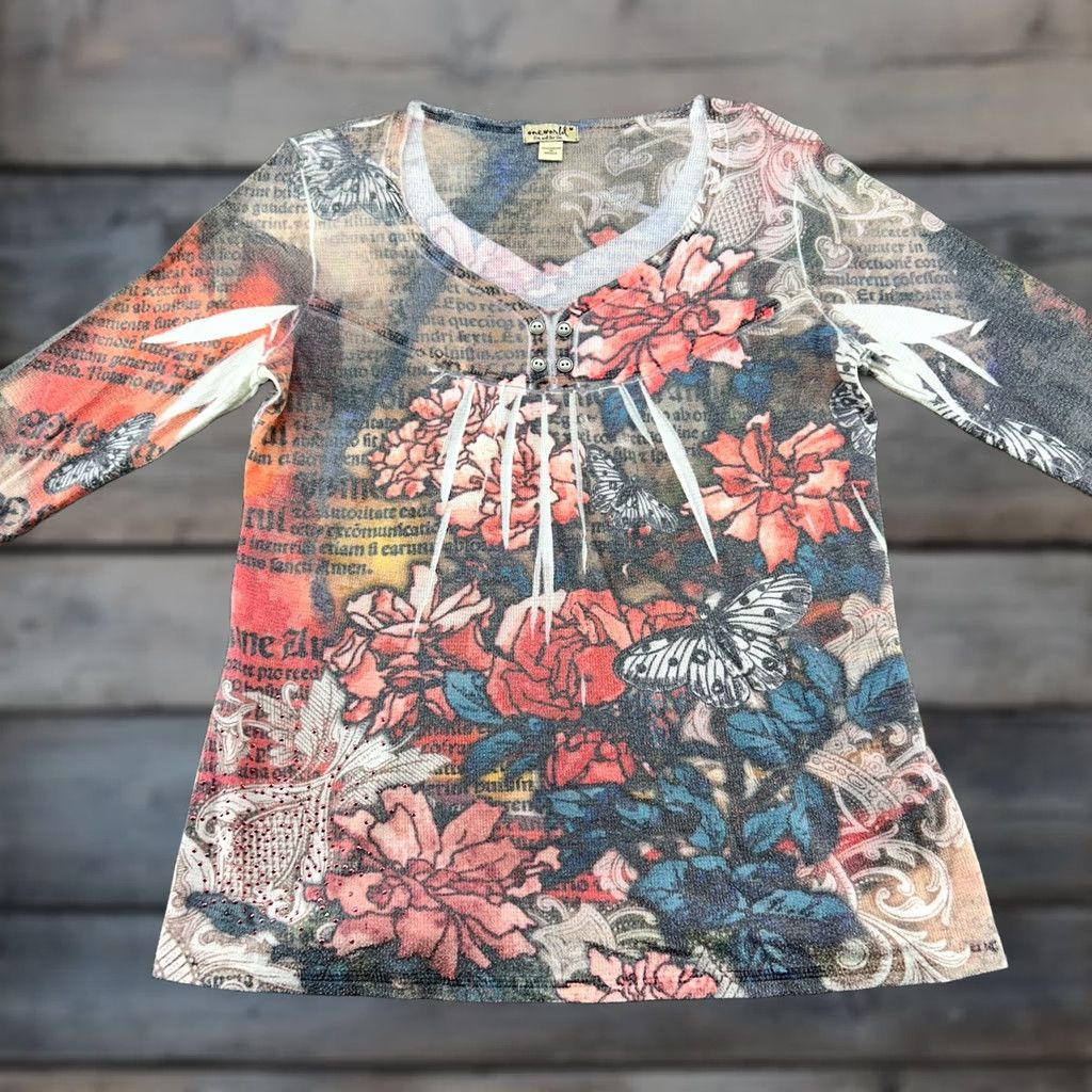 Vintage VINTAGE One World Shirt Womens M Pink Blue Long Sleeve AOP Butterfly Floral Y2K Size M / US 6-8 / IT 42-44 - 1 Thumbnail