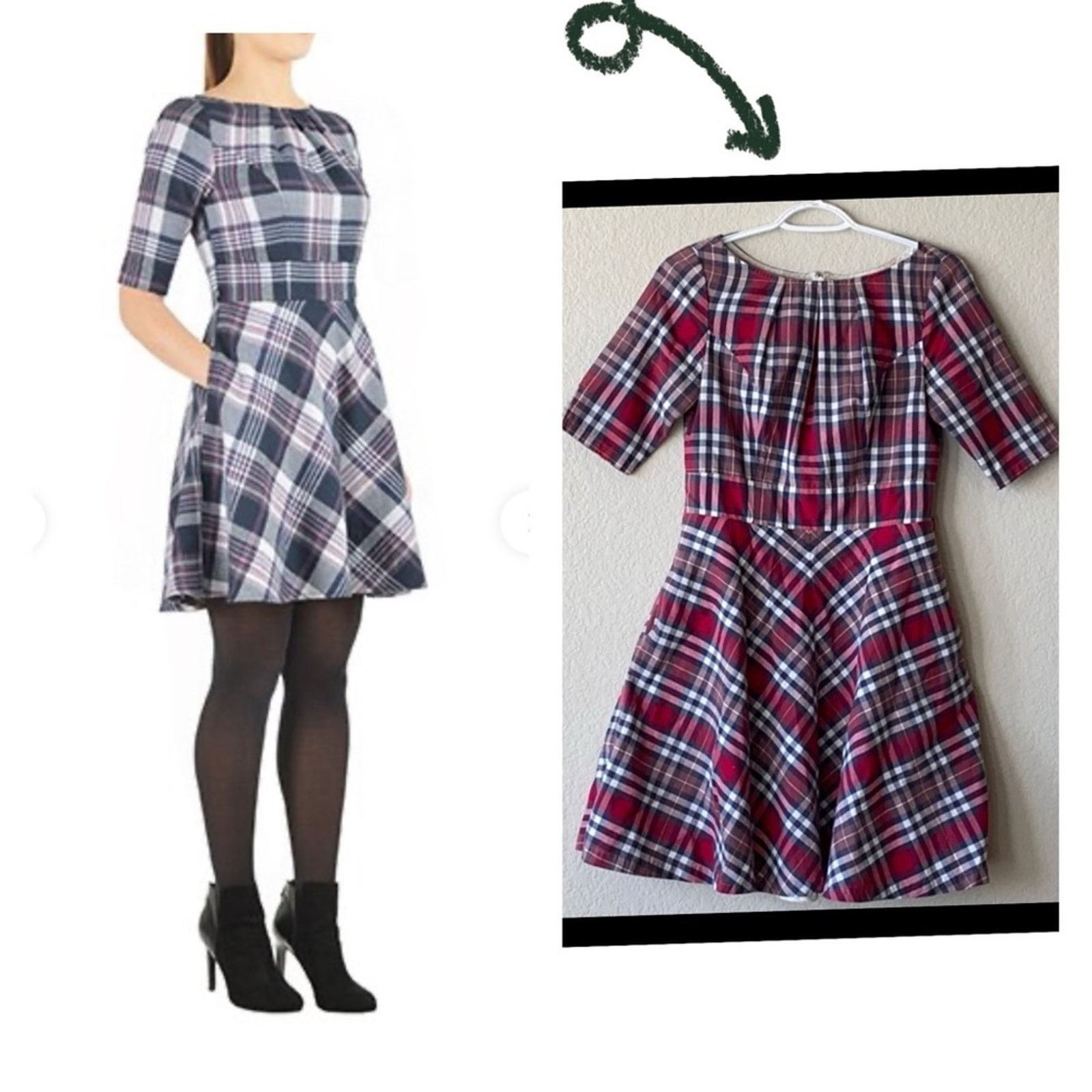 Eshakti plaid 3 quarter sleeve pockets fit n flare dress