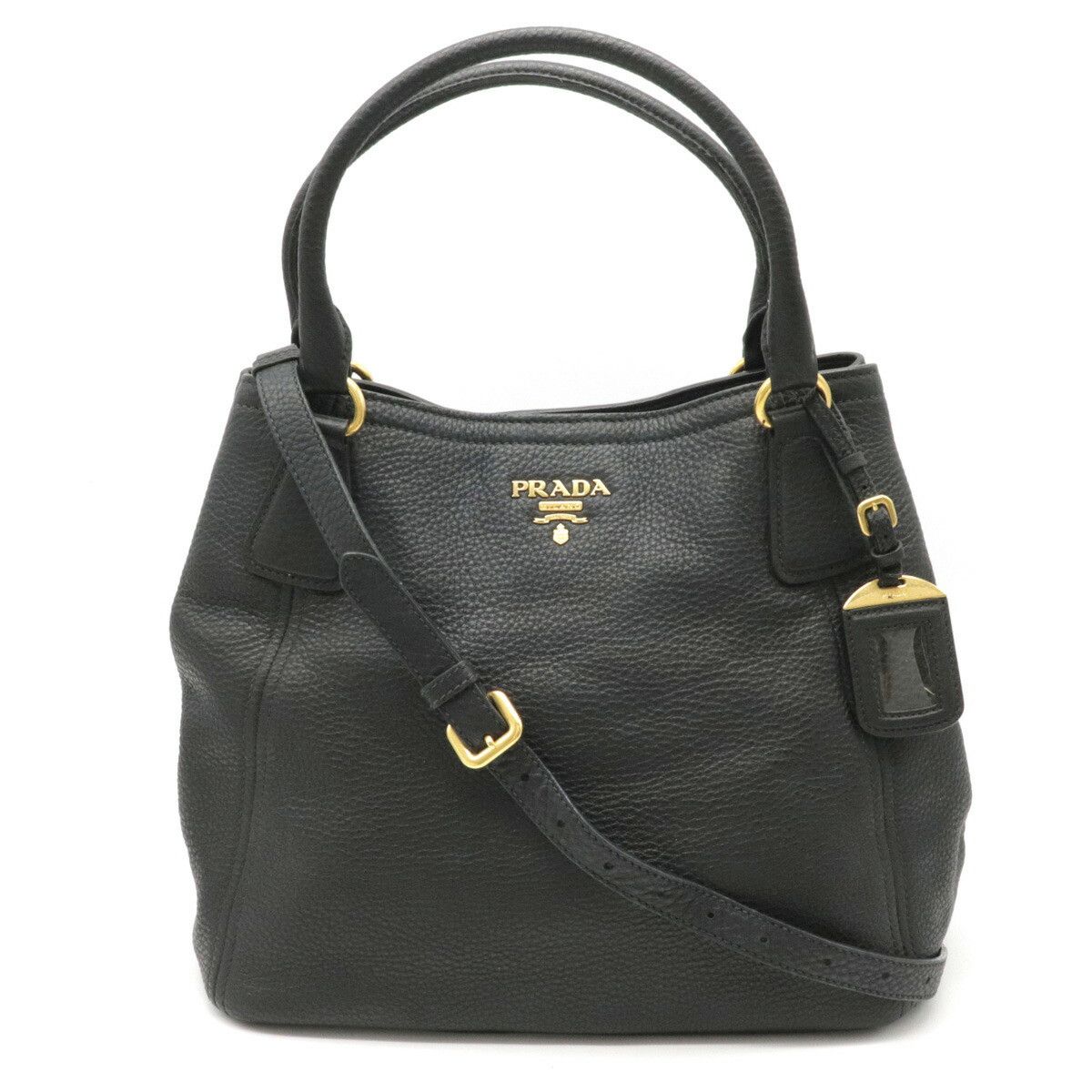 Prada Daino Tote 2 Way Shoulder Bag Nero Black Gold Metal Fittings
