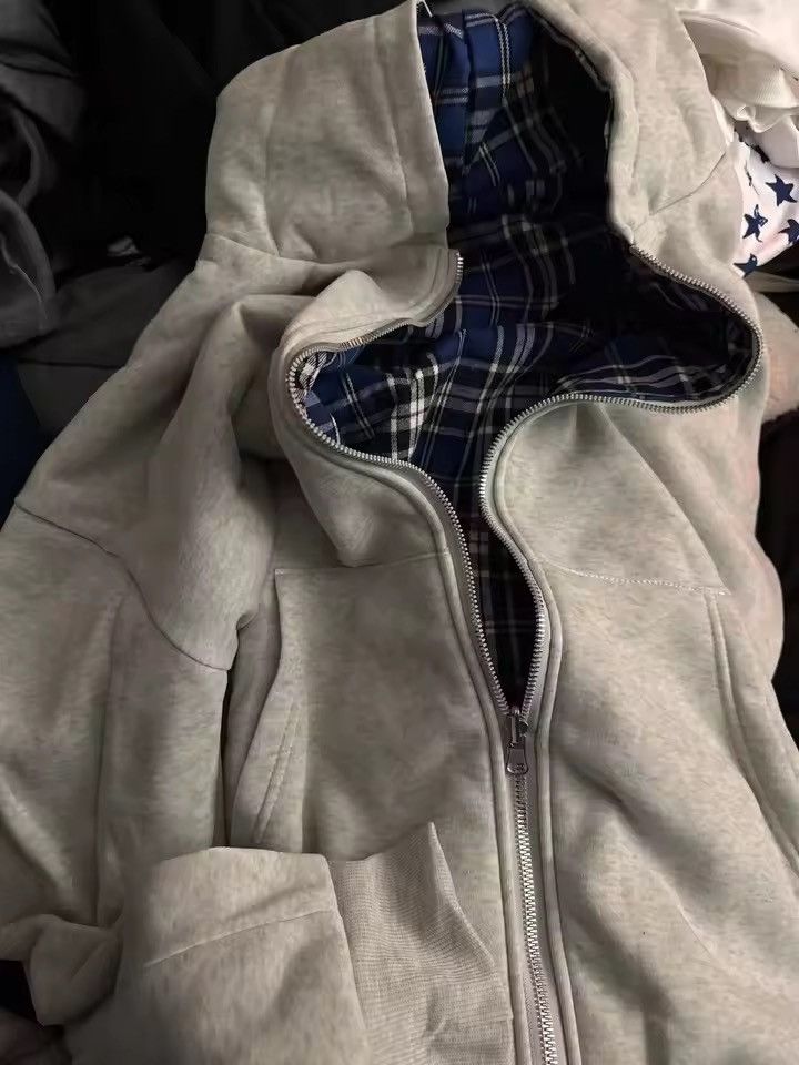 Japanese Brand Reversible Gray Hoodie with Plaid Lining Size US XL / EU 56 / 4 - 10 Thumbnail