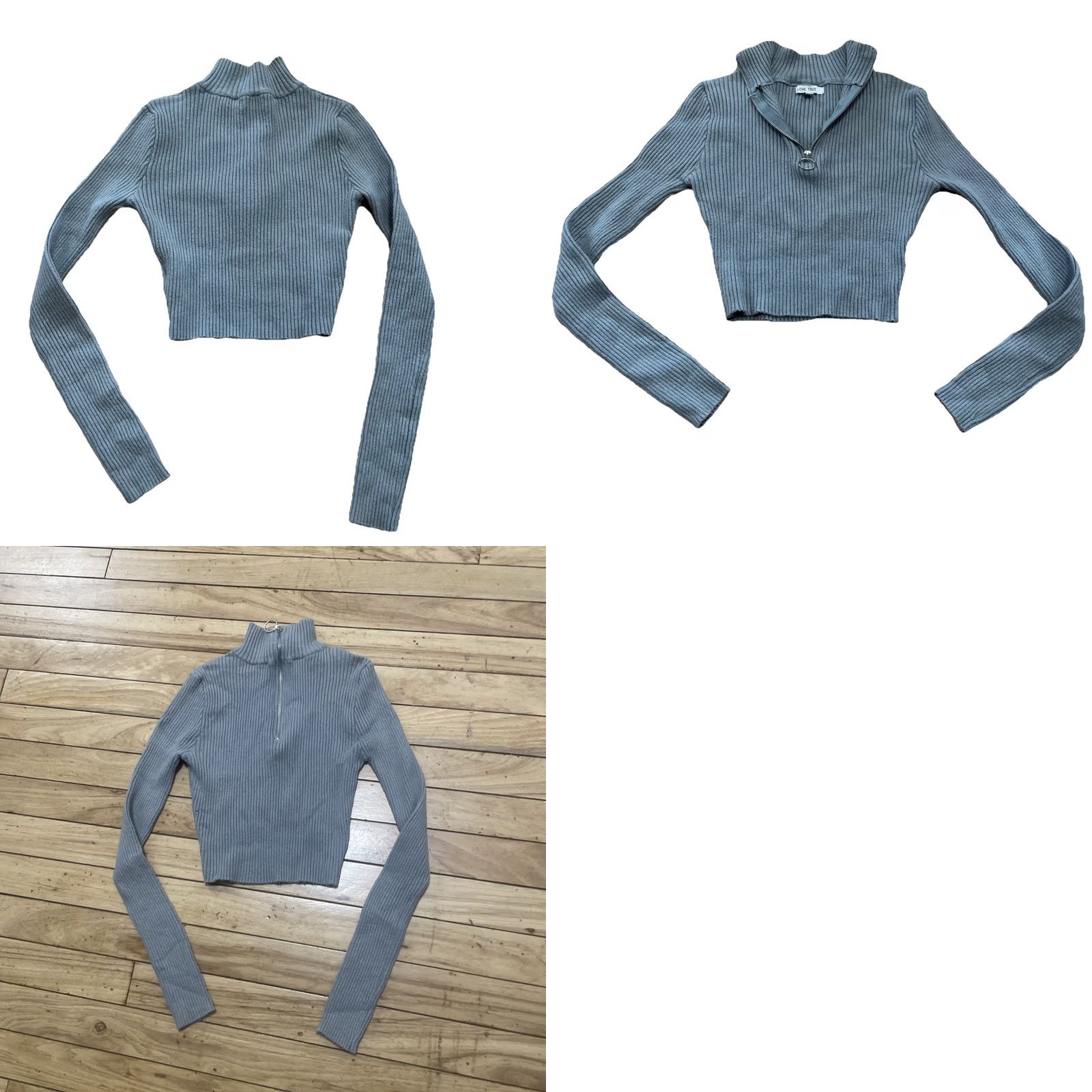 Vintage Love Tree Crop Knit Top Women S Mock Neck Long Sleeve Ribbed Gray 1/4 Zip Shirt Pullover S Gray Womens Size S / US 4 / IT 40 - 11 Thumbnail