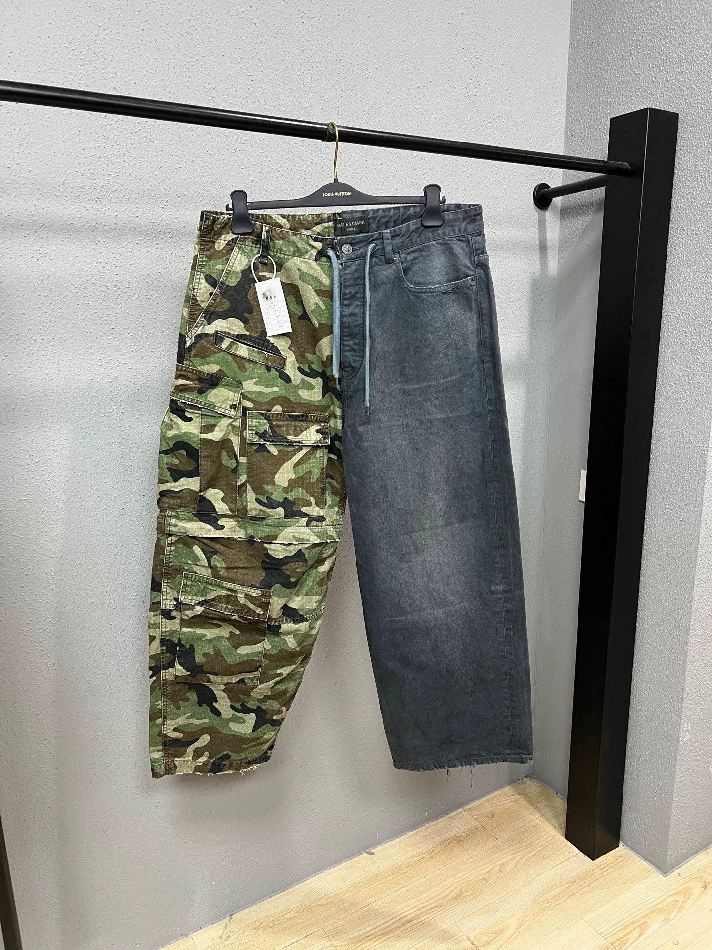 balenciaga camo patchwork denim pants
