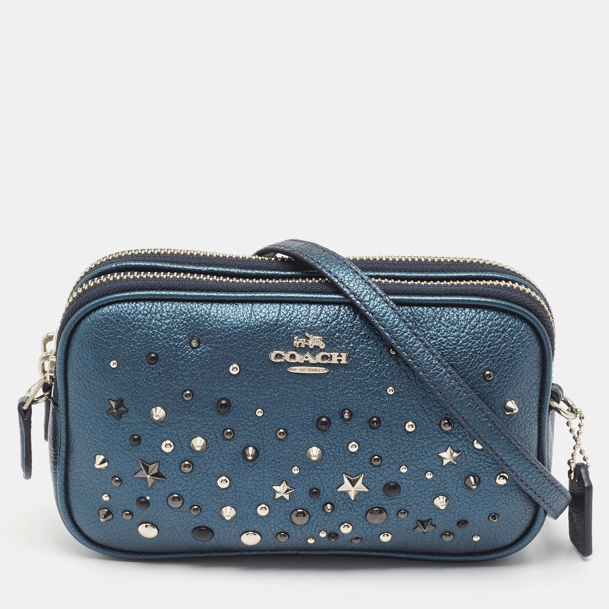 image of Coach Metallic Blue Leather Studded Double Zip Crossbody Bag, Women's