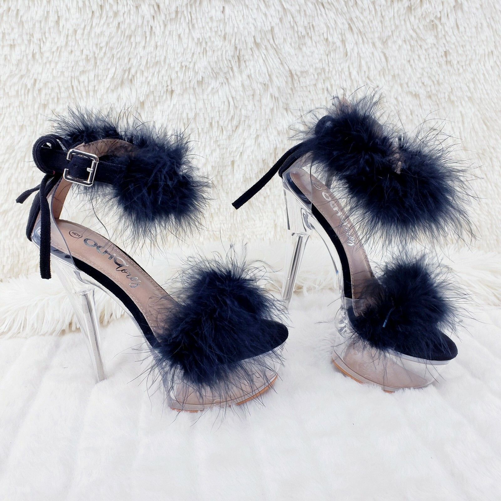 Other Black Marabou Feather Platform Shoes Sandals 6" High Heel Sa Size US 9 / IT 39 - 9 Thumbnail
