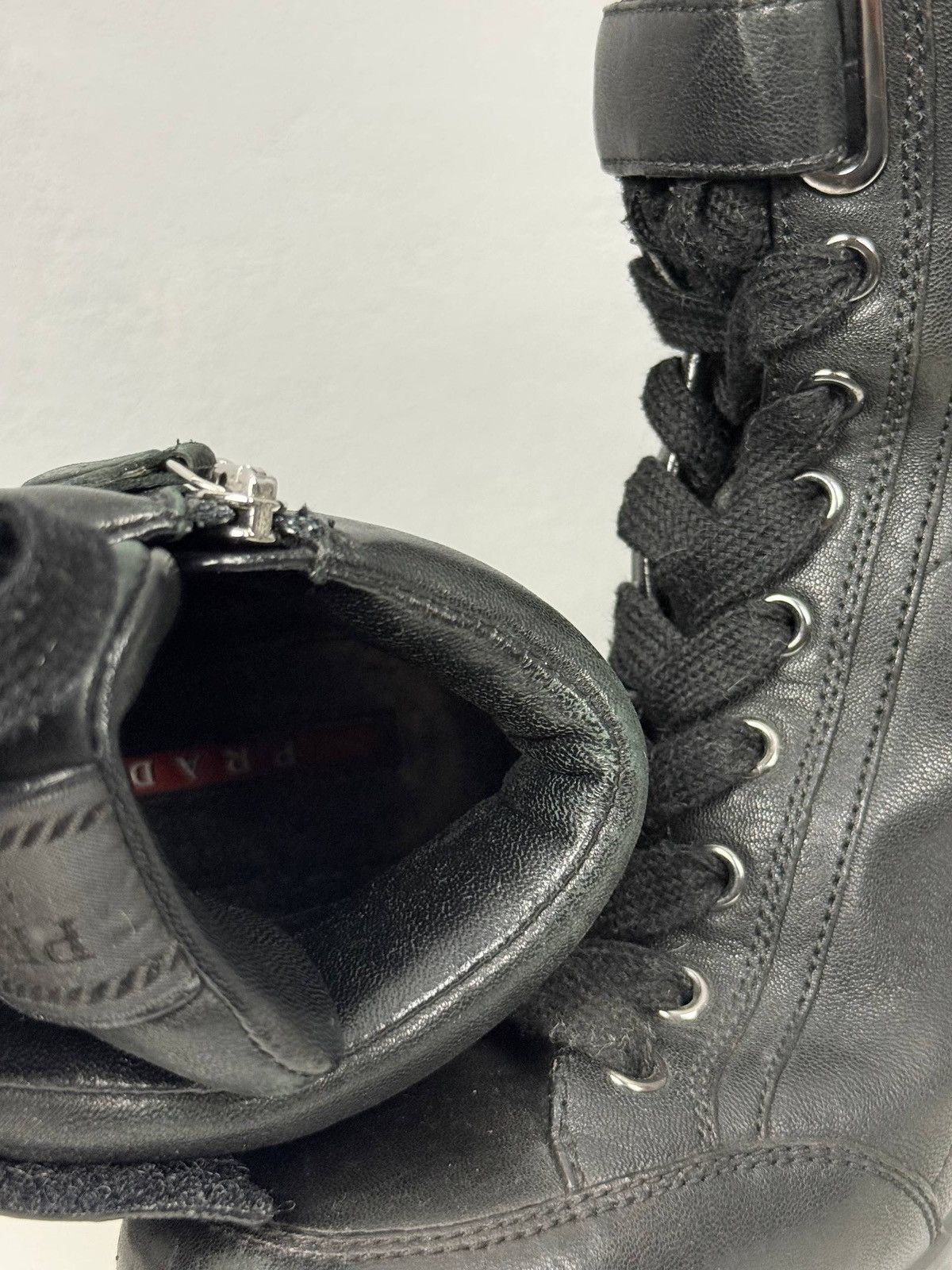 Prada Prada Black Wedge Sneakers Leather High Top EU 37.5 Size US 6.5 / IT 36.5 - 11 Thumbnail