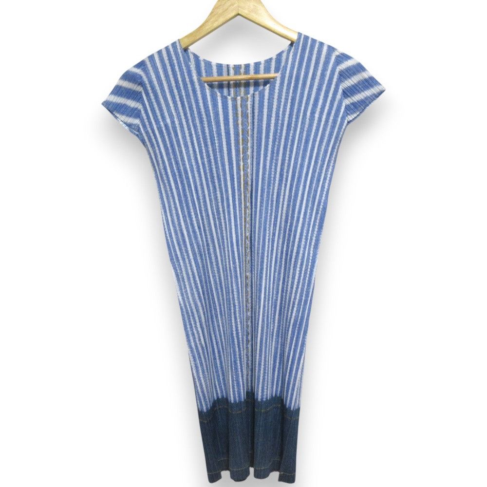 Issey Miyake Issey Miyake PLEATS PLEASE Denim Print Short Sleeve Tunic Cotton Tops PP23-JT536 DUTY FREE for USA Size ONE SIZE - 1 Thumbnail